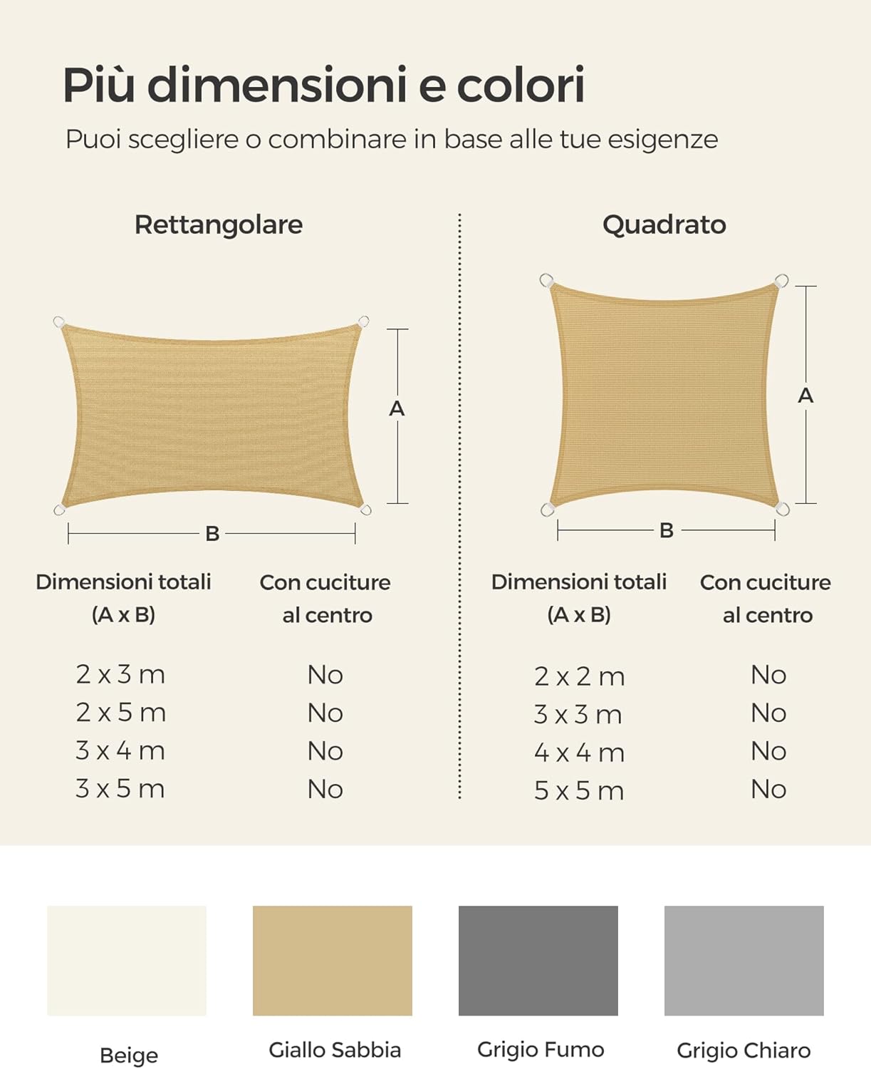 Thumbnail 5 de SONGMICS Vela parasole 3 x 5 m in tessuto HDPE Giallo Sabbia GSS35EYV1