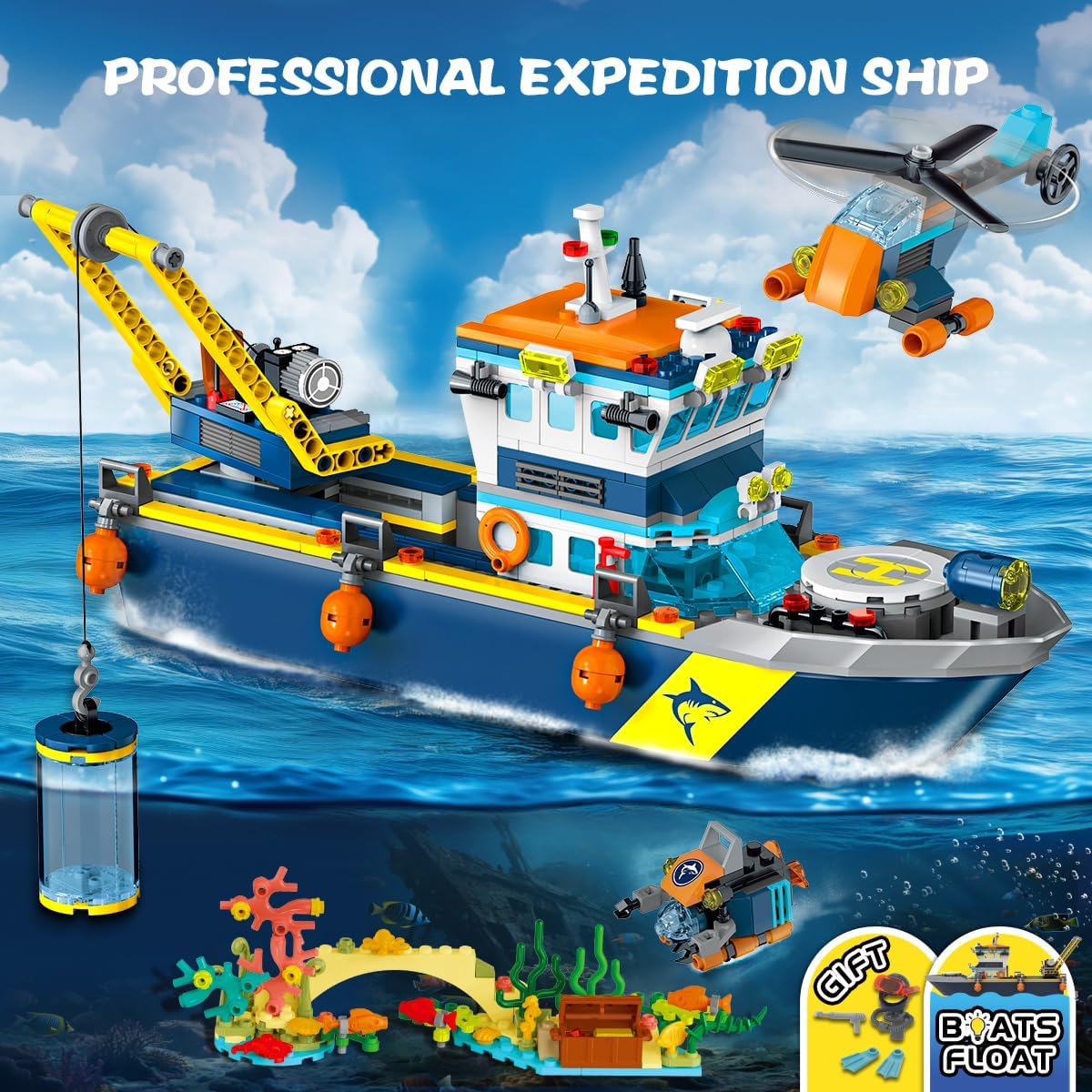 Thumbnail 3 de HiWEEGO City Floatable Boat Building Set with LED Light — Ocean Arctic Explorer Ship Kit (542 pcs)