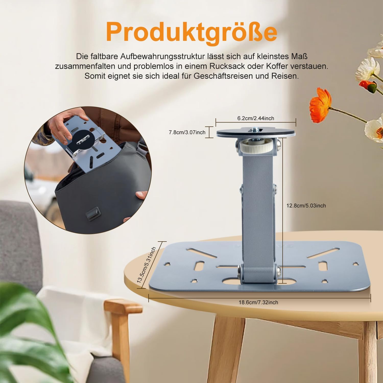 Detalle de Salange Beamer-Ständer (Wall/Decke), ultrakompakt, bis 2,3 kg, 180° drehbar – für 1/4-Zoll-Schraubschnittstelle