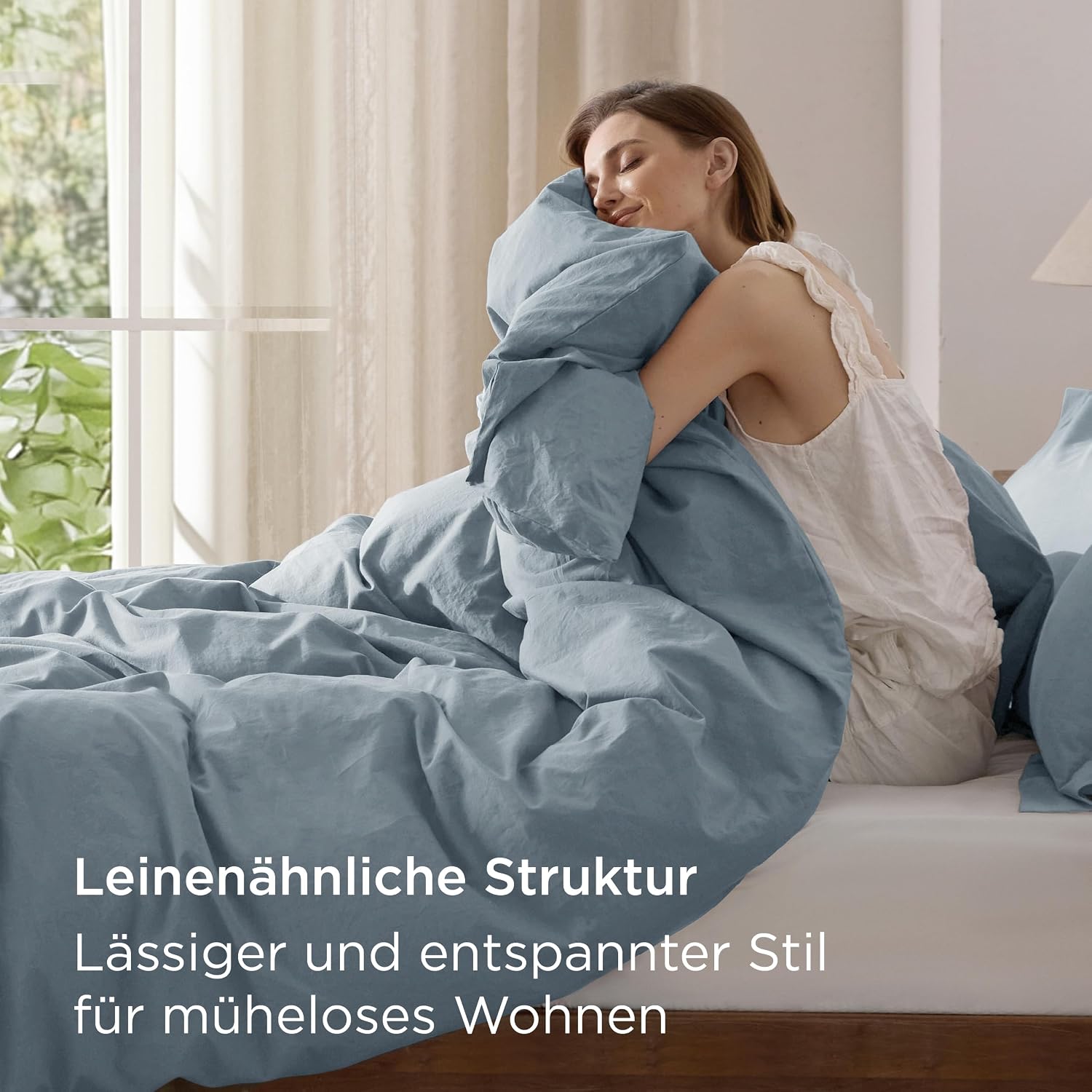 Detalle 2 de BEDSURE Bettwäsche 155x220 cm aus Baumwolle, 3-teilig – Sommer-Set in Graublau, Wasch-Leinen-Textur, 100% gekämmte Baumwolle, mit Reißverschluss