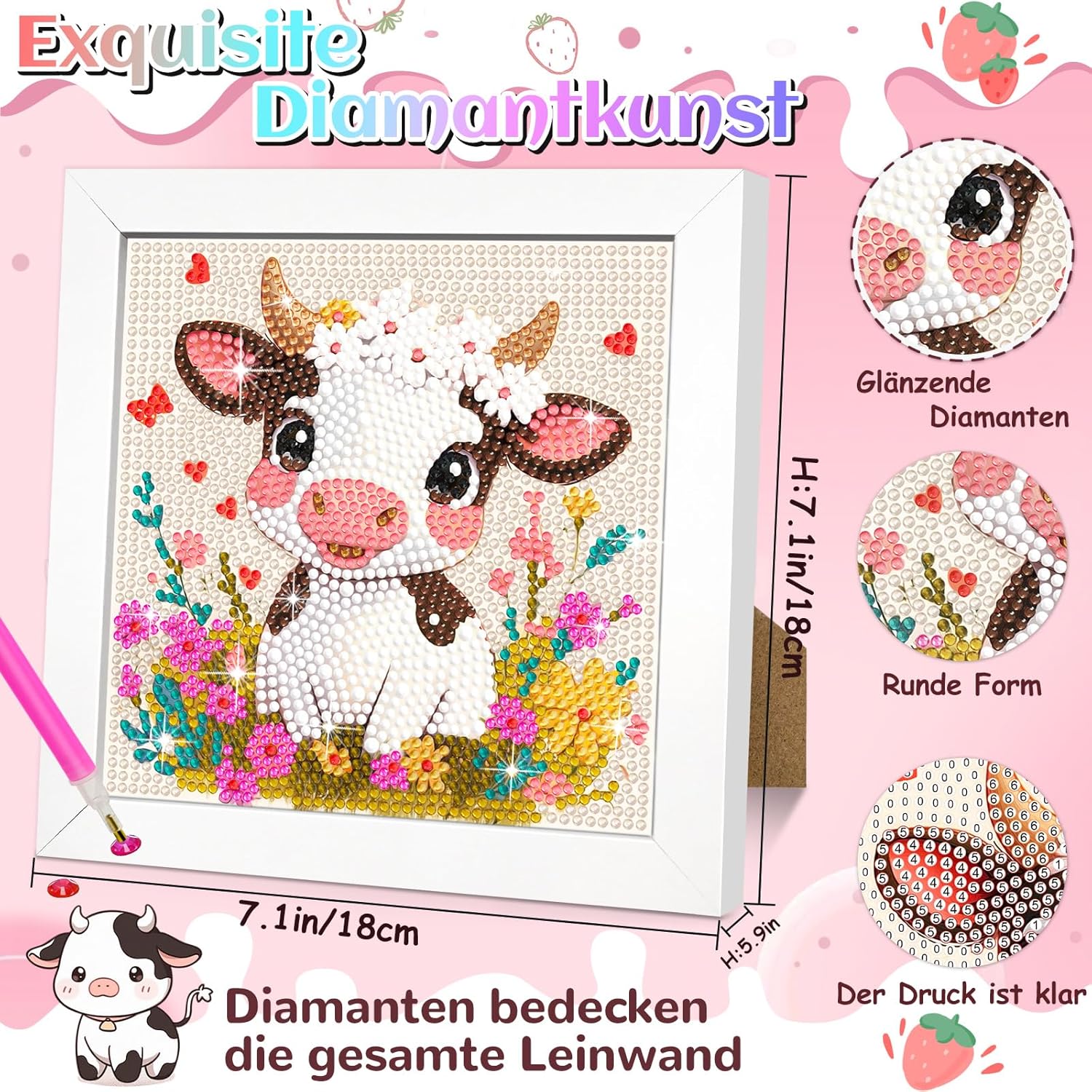 Thumbnail 3 de jieyisier Diamond Painting Set „Kuh“ mit Holzrahmen (5D, 6x6 Zoll) zum Selbermachen
