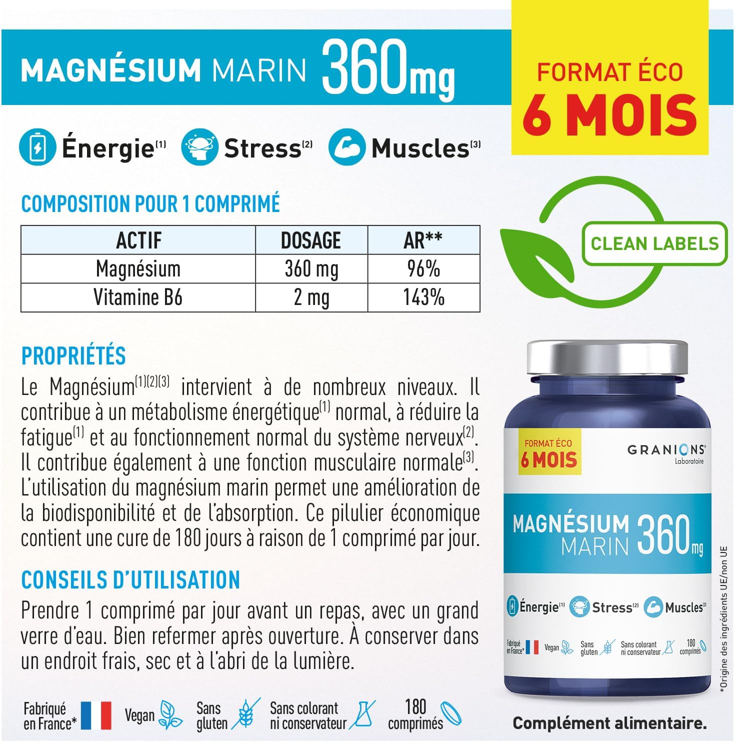 Thumbnail 1 de GRANIONS Magnesium Marin 360 mg – Pillulier 6 mois, Magnésium + Vitamine B6, Anti-stress, 180 comprimés – Laboratoire Granions (France)