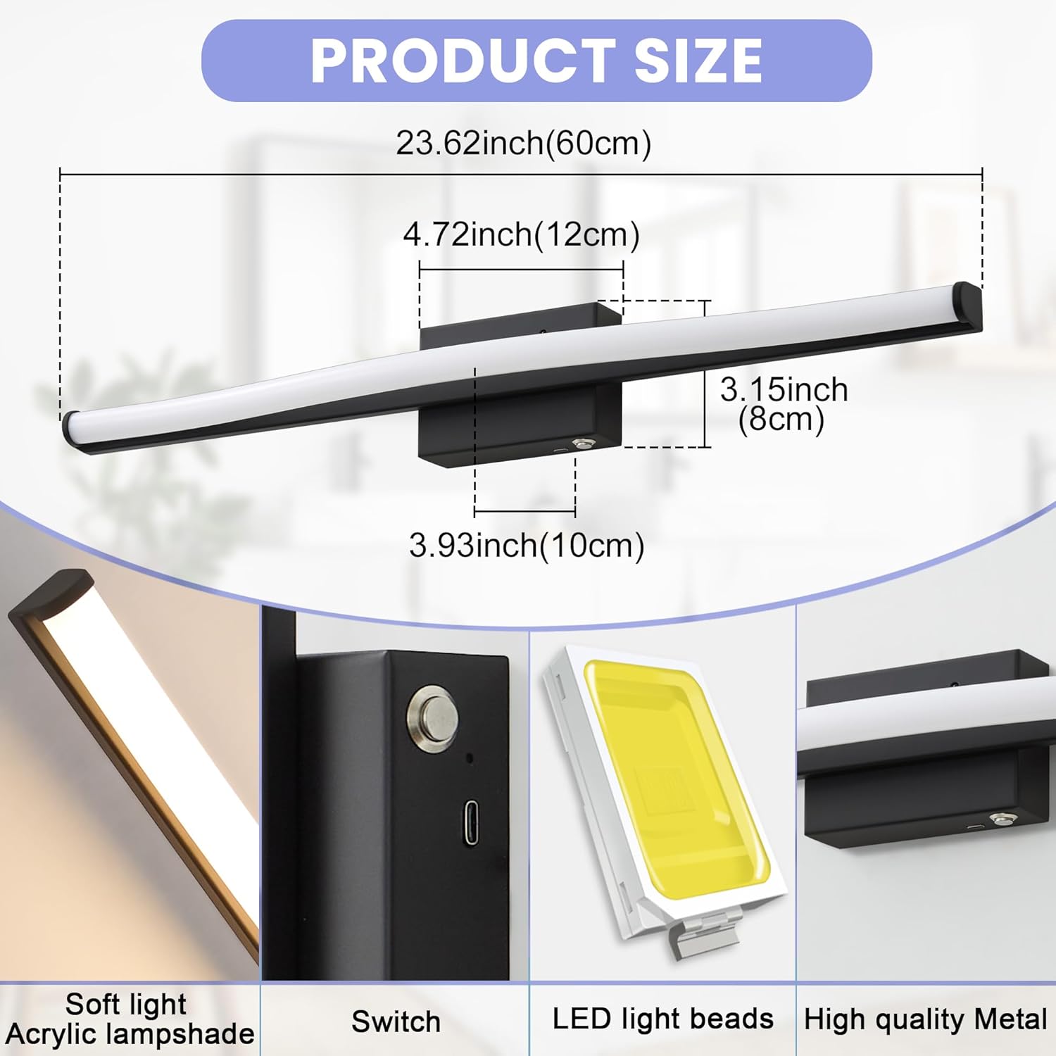 Thumbnail 5 de Actask Wandleuchte Kabellos mit Fernbedienung 60 cm – LED-Bildbeleuchtung mit drei Farbtemperaturen, 8000 mAh Akku