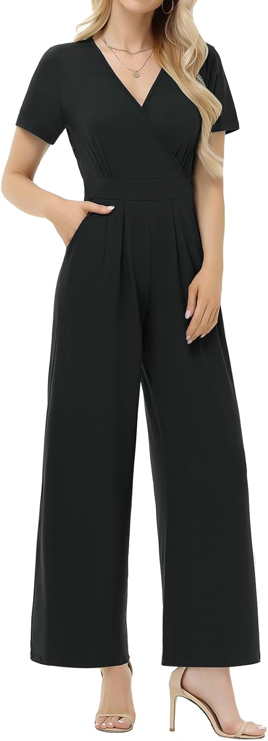 Thumbnail 1 de Tanmolo Damen Jumpsuit Elegant Sommer – Kurze Ärmel, V-Ausschnitt, weitem Bein, Taschen, High-Waist
