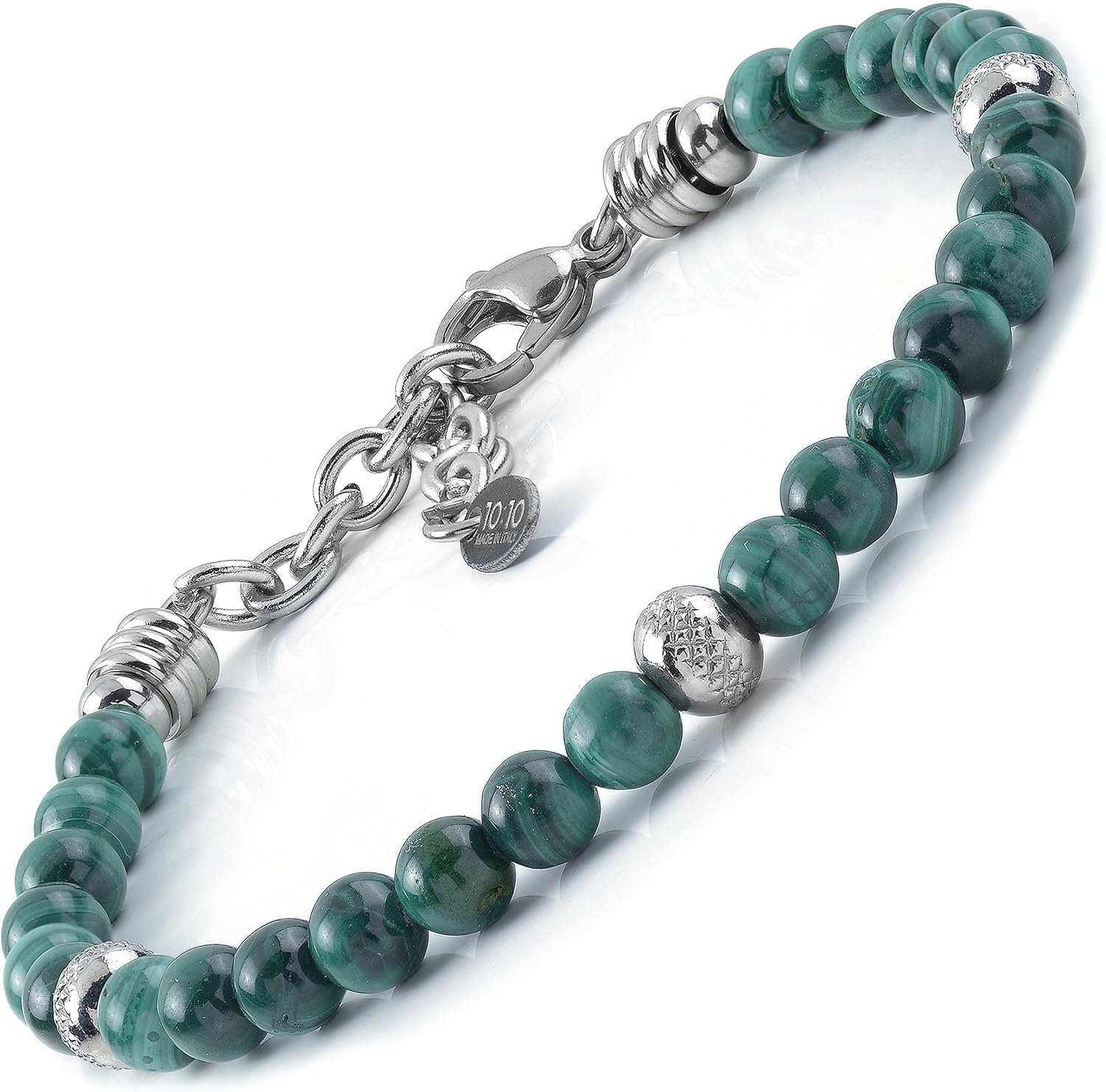 Detalle de 10:10 Bracciale in acciaio inox con malachite naturale da 6 mm e perle in acciaio inox – design versatile, fattura italiana