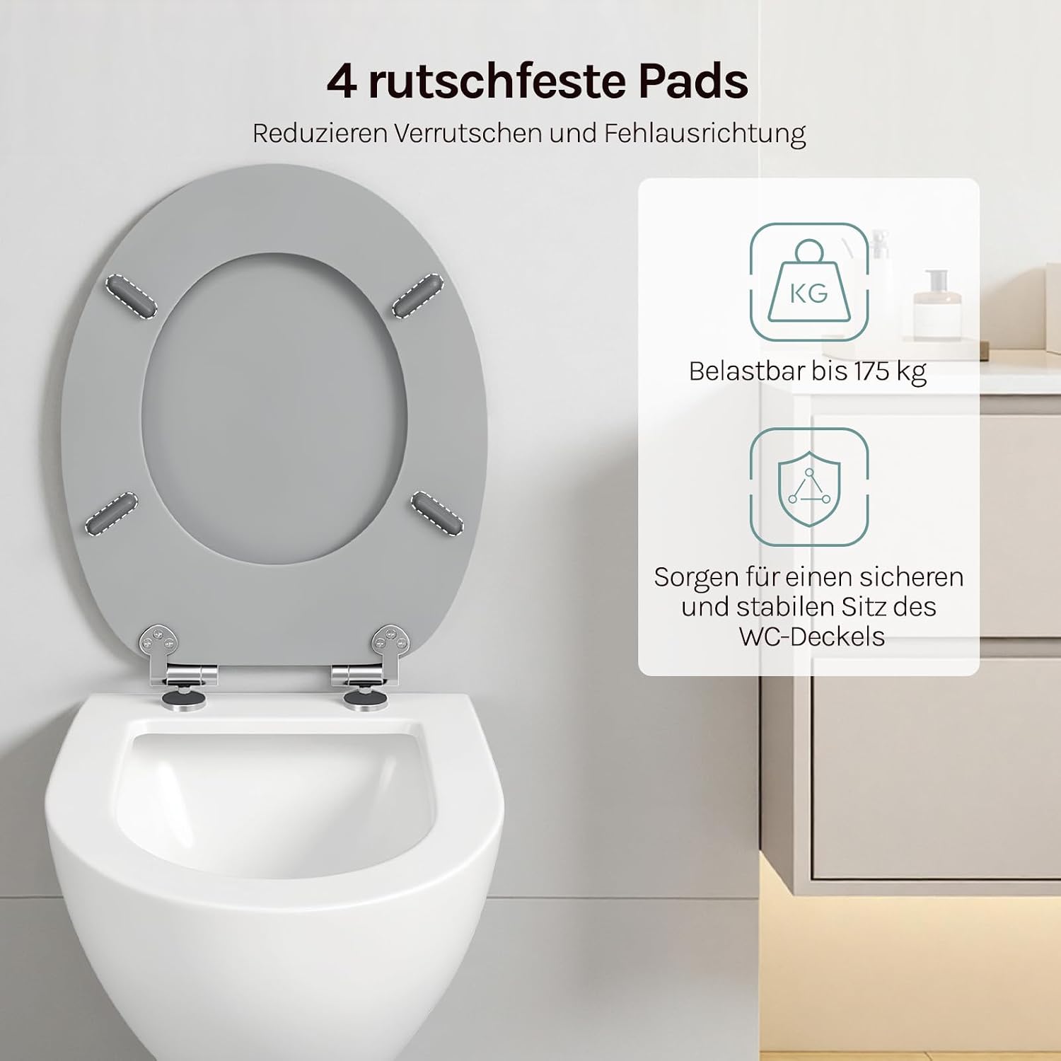 Thumbnail 6 de WOLTU Toilettendeckel mit Absenkautomatik – O-Form aus MDF, 175 kg belastbar, Grau