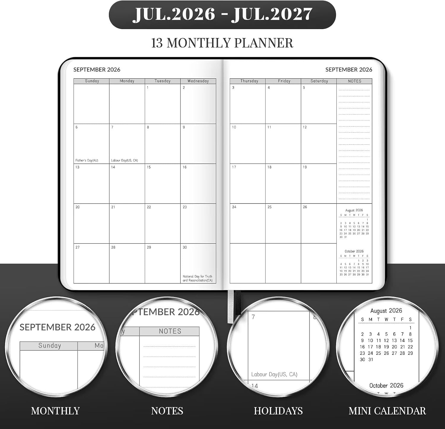Detalle de Lonely Oak 2026-2027 A5 Academic Planner, Black Faux-Leather Cover