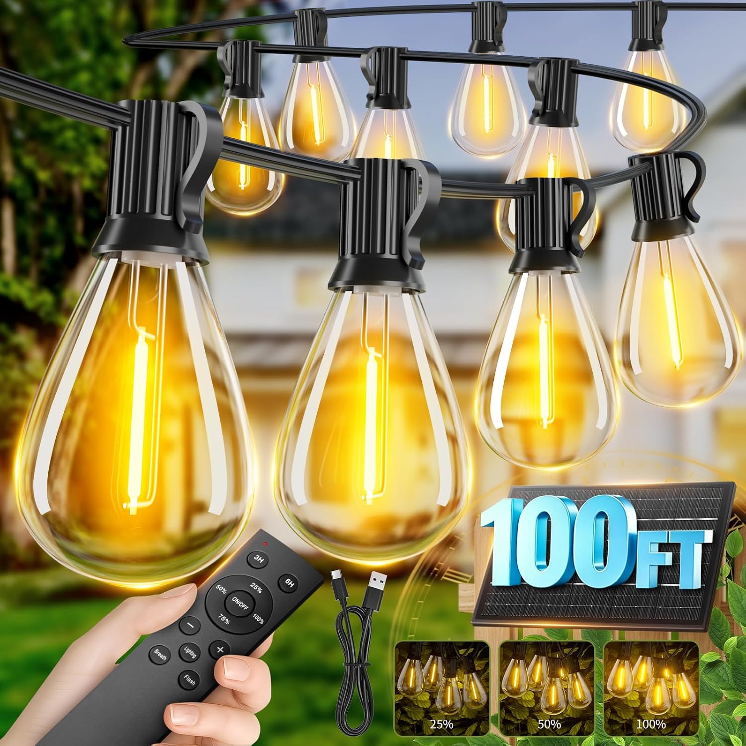 Detalle de Sikitul S11 100 ft Solar String Lights, 36 Warm White LEDs, Remote & USB-C