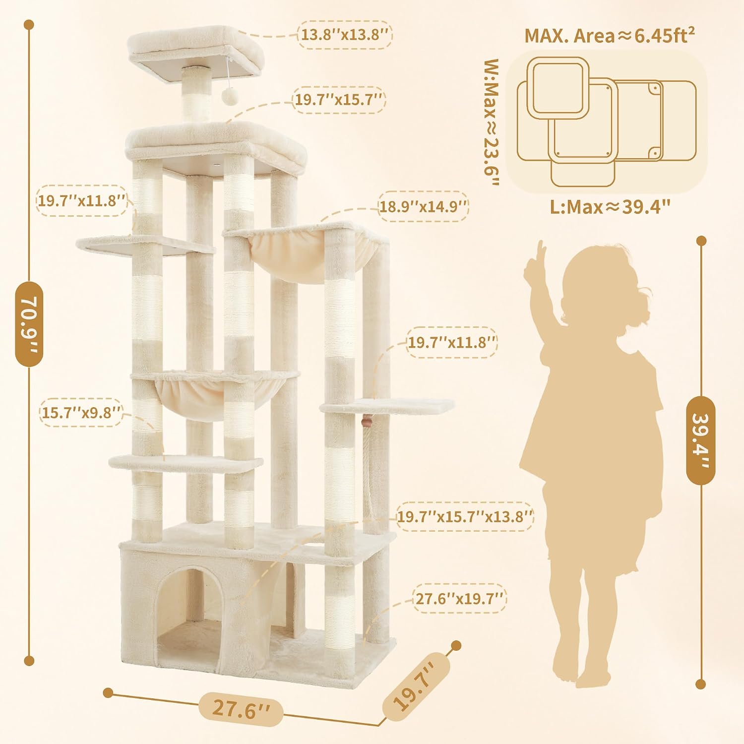 Thumbnail 6 de Heybly Cat Tree, 180 cm Tall Cat Tower for Large Maine Coon Cats with Extra-Large Baseboard in Beige (HCT037M)