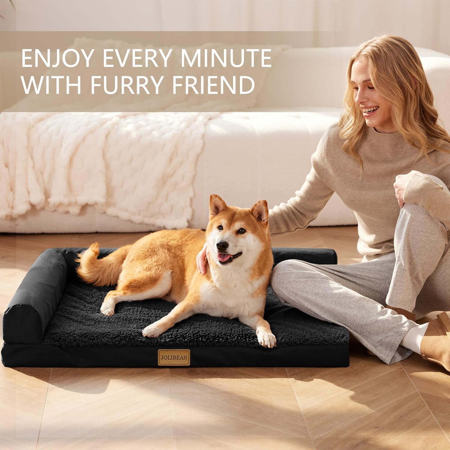 Thumbnail 1 de Jolibean Orthopedic Large Dog Bed 91x61cm – Waterproof L‑Shaped Bolster with Removable Cover