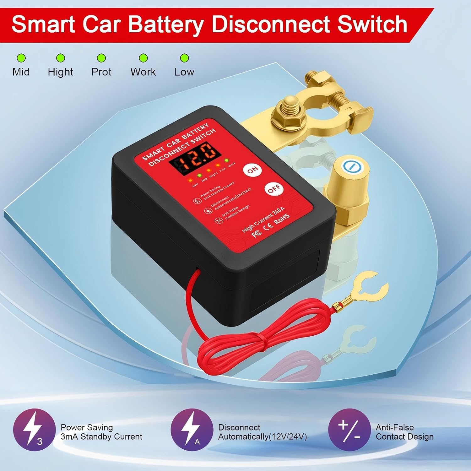 Detalle 2 de Anosuwa Stacca Batteria Auto 12V 240A: interruttore staccabatteria con display LED e telecomando per veicoli e camper