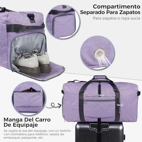 Detalle de Fmeida Bolsa de Viaje Grande 65L, plegable y resistente, color púrpura