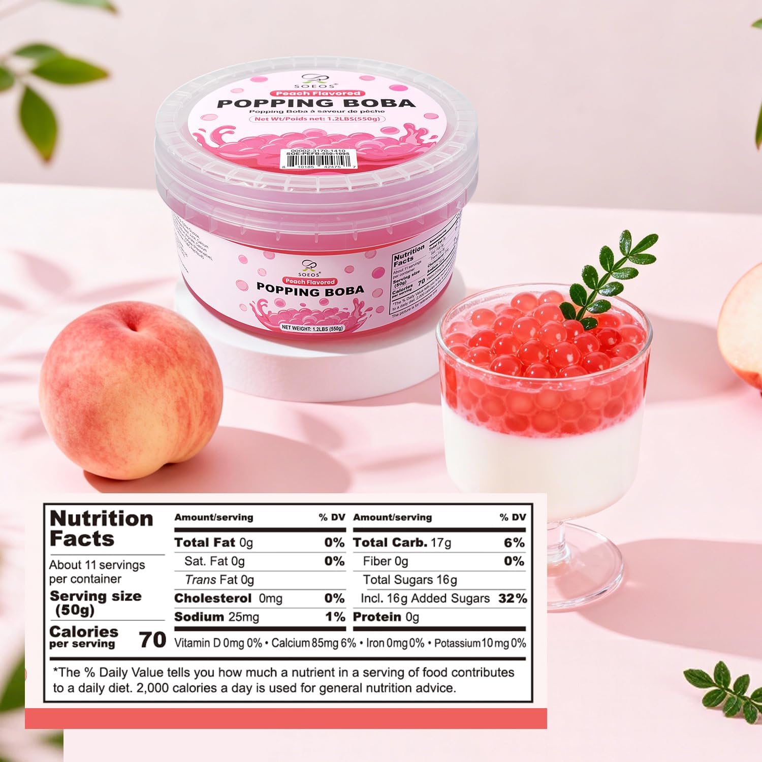 Detalle de Soeos Peach Popping Boba, 550 g, Juice-Filled Pearls for Drinks and Desserts