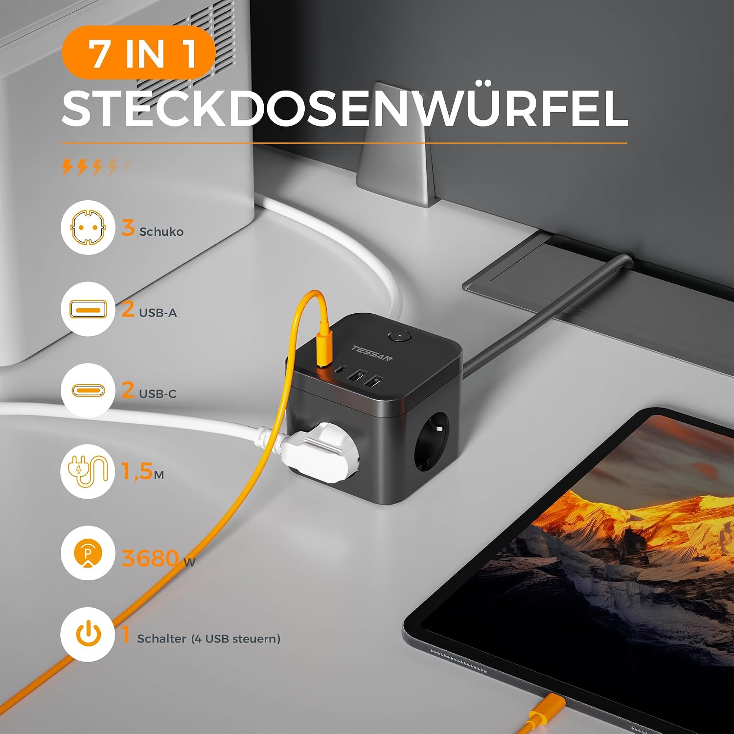 Detalle 2 de TESSAN grenuttag med 3 eluttag, 2 USB-C, 2 USB-A och 20 W PD