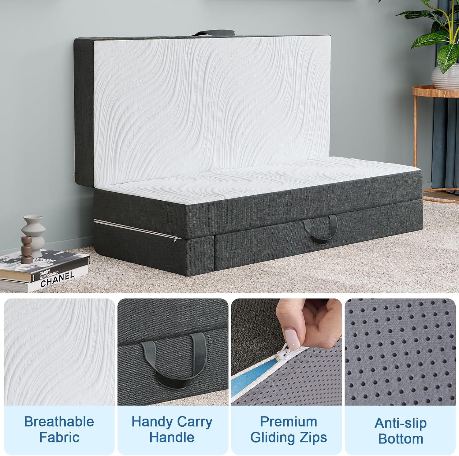 Detalle de Twirest Folding Mattress – Double Foldable Memory Foam Mattress with Portable Pillow, 135x190x15cm