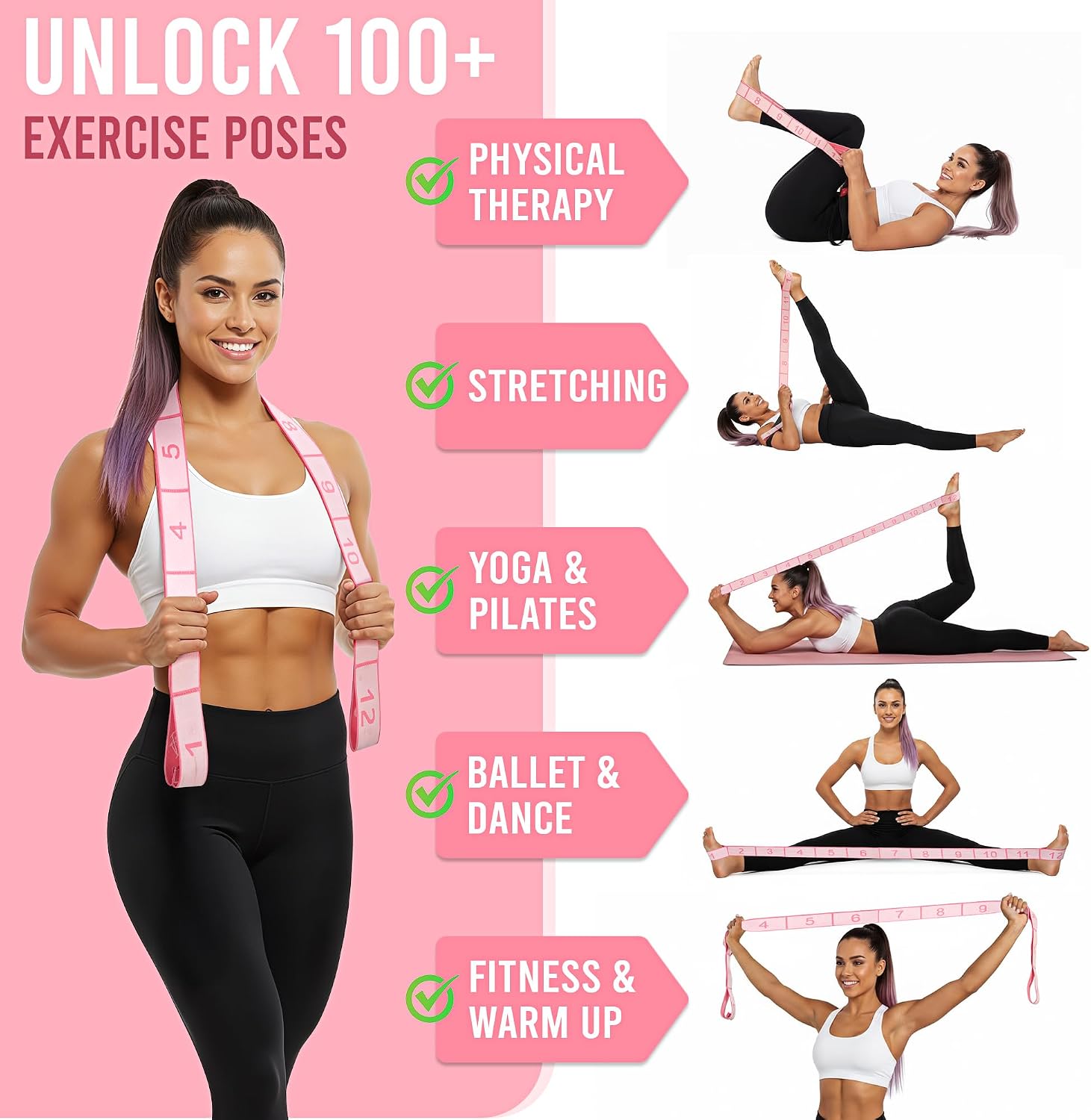 Detalle de GHCTFE Stretch Bands for Exercise, 12-Loop Numbered Yoga Strap, Pink