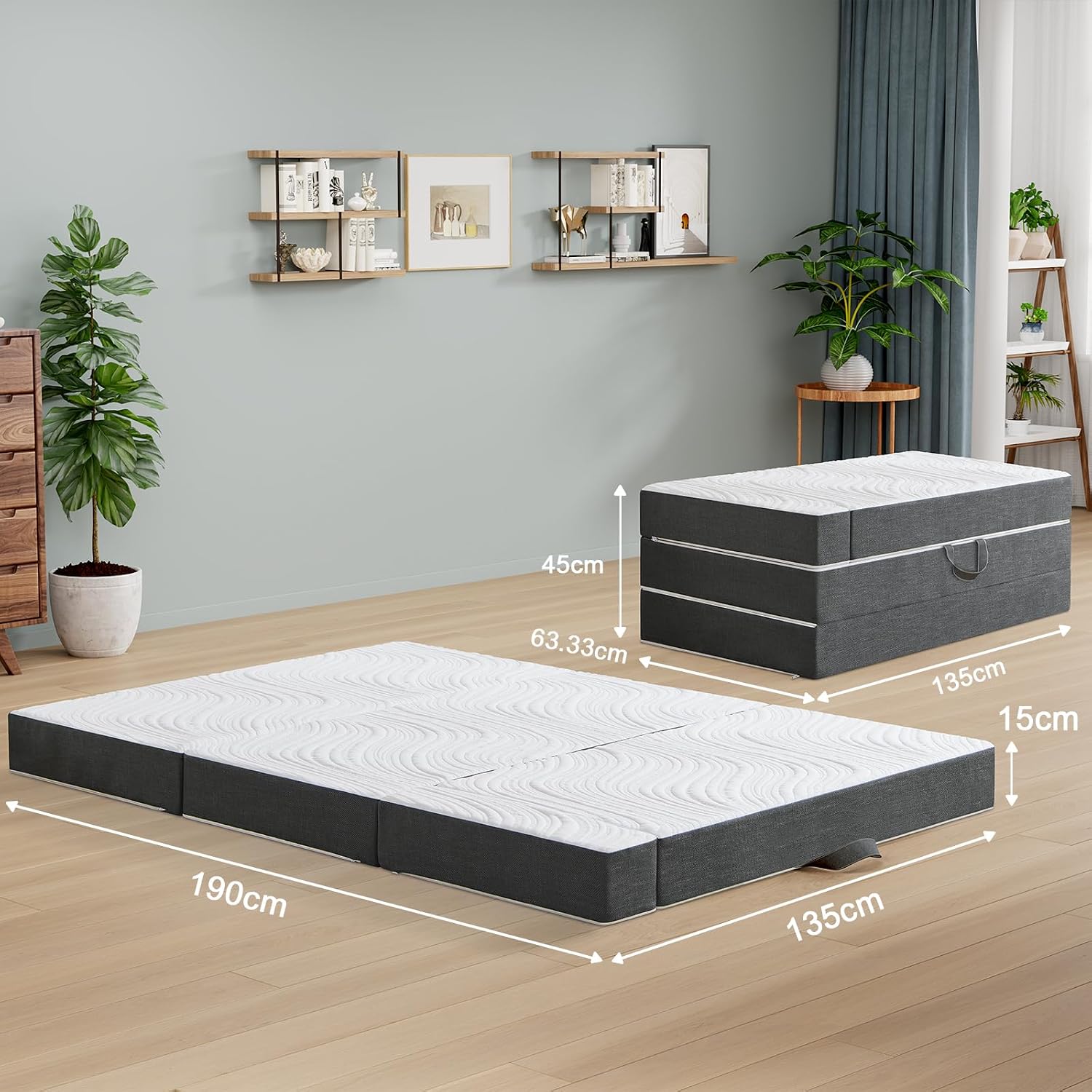 Detalle de Twirest Folding Mattress – Double Foldable Memory Foam Mattress with Portable Pillow, 135x190x15cm