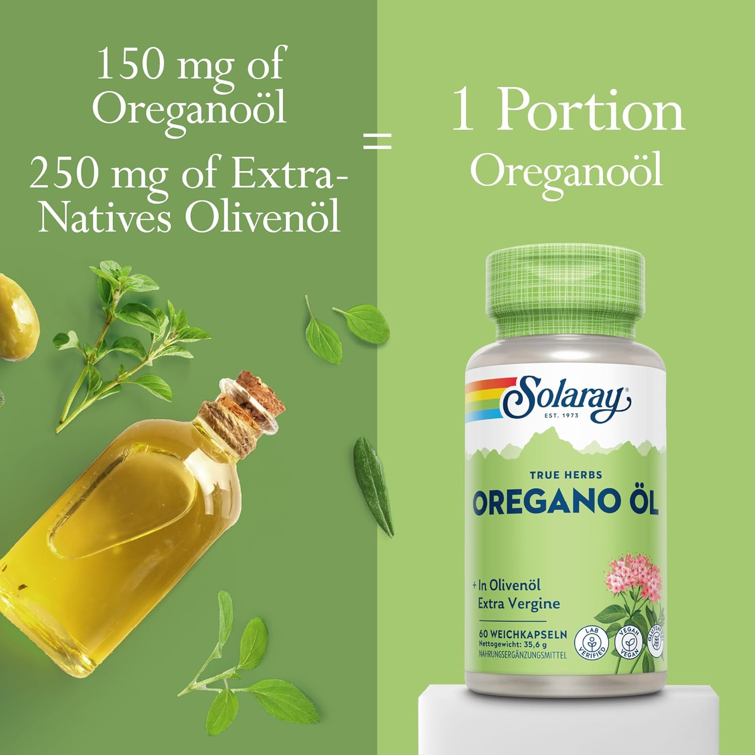 Detalle de Solaray Oreganoöl 150 mg – 60 vegane Softgels mit nativem Olivenölextra, Omega-3 & 6