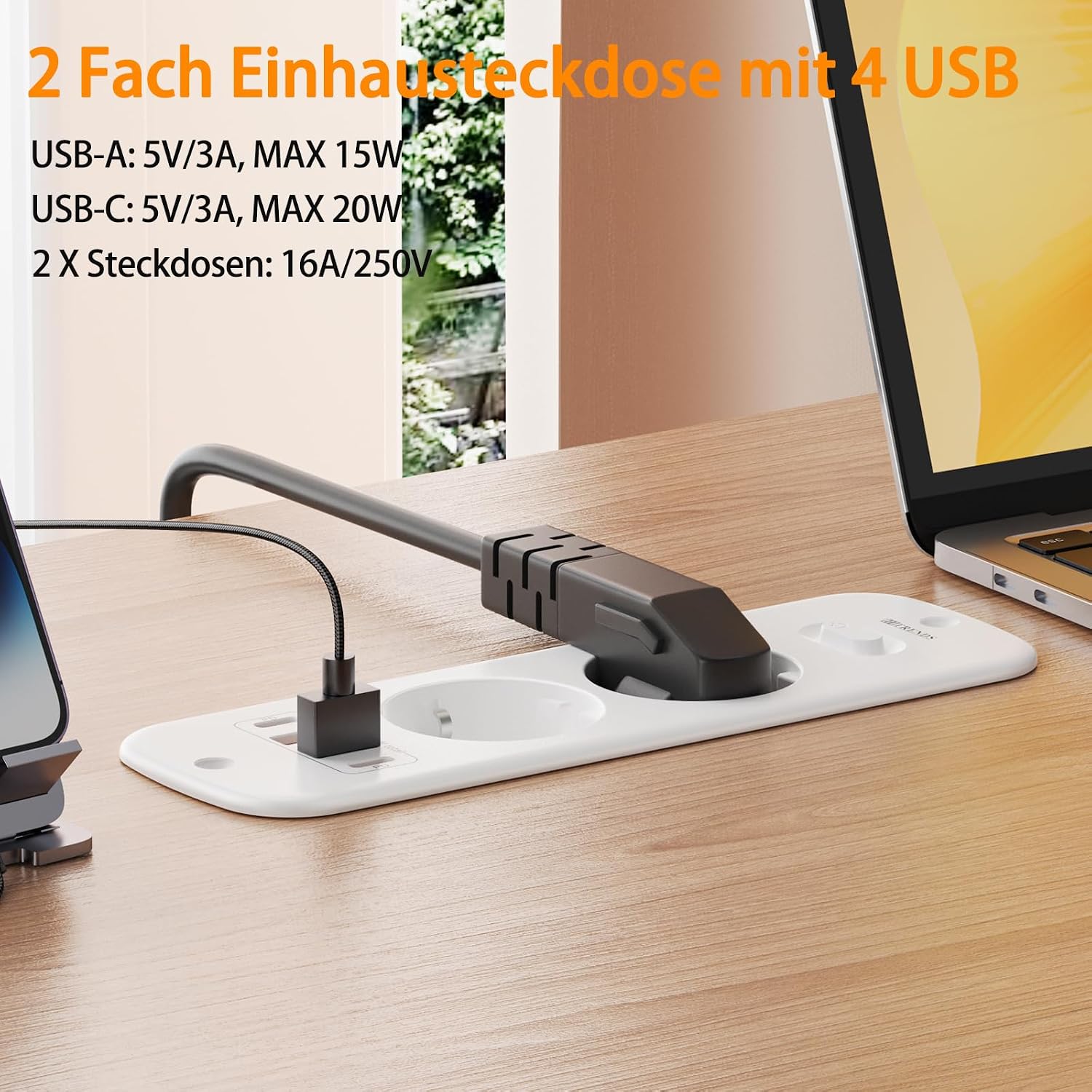 Detalle de HITRENDS 2 Prises+2C-Blanc inschuifbaar stopcontact met 4 USB-poorten