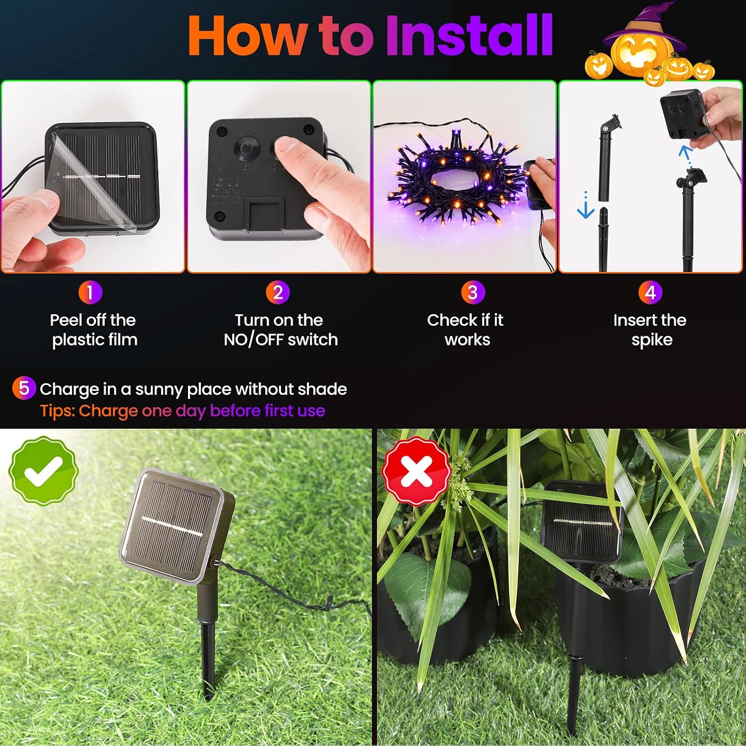 Detalle 2 de Moettany Solar Halloween String Lights, 100 LEDs, 45 ft, Orange and Purple