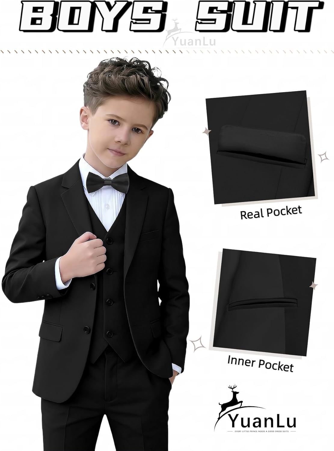 Thumbnail 2 de YuanLu Boys Tuxedo Wedding Ring Bearer Outfit (5-Piece) — Slim Fit Formal Suit for Kids, Adjustable Waist