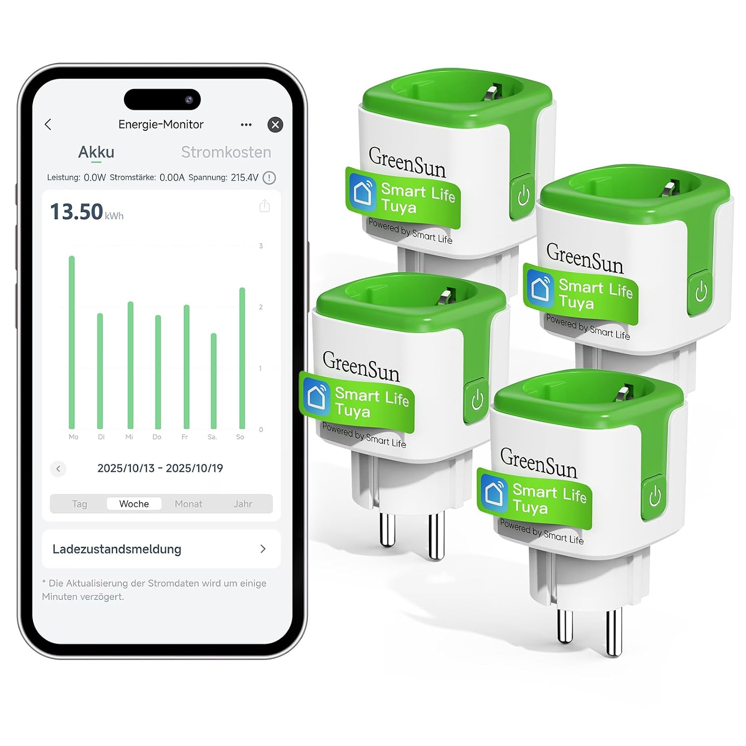 Detalle de GreenSun WLAN-Steckdose mit Stromzähler für Smart Life, App-Steuerung, Zeitschaltuhr & Sprachsteuerung (Alexa & Google)