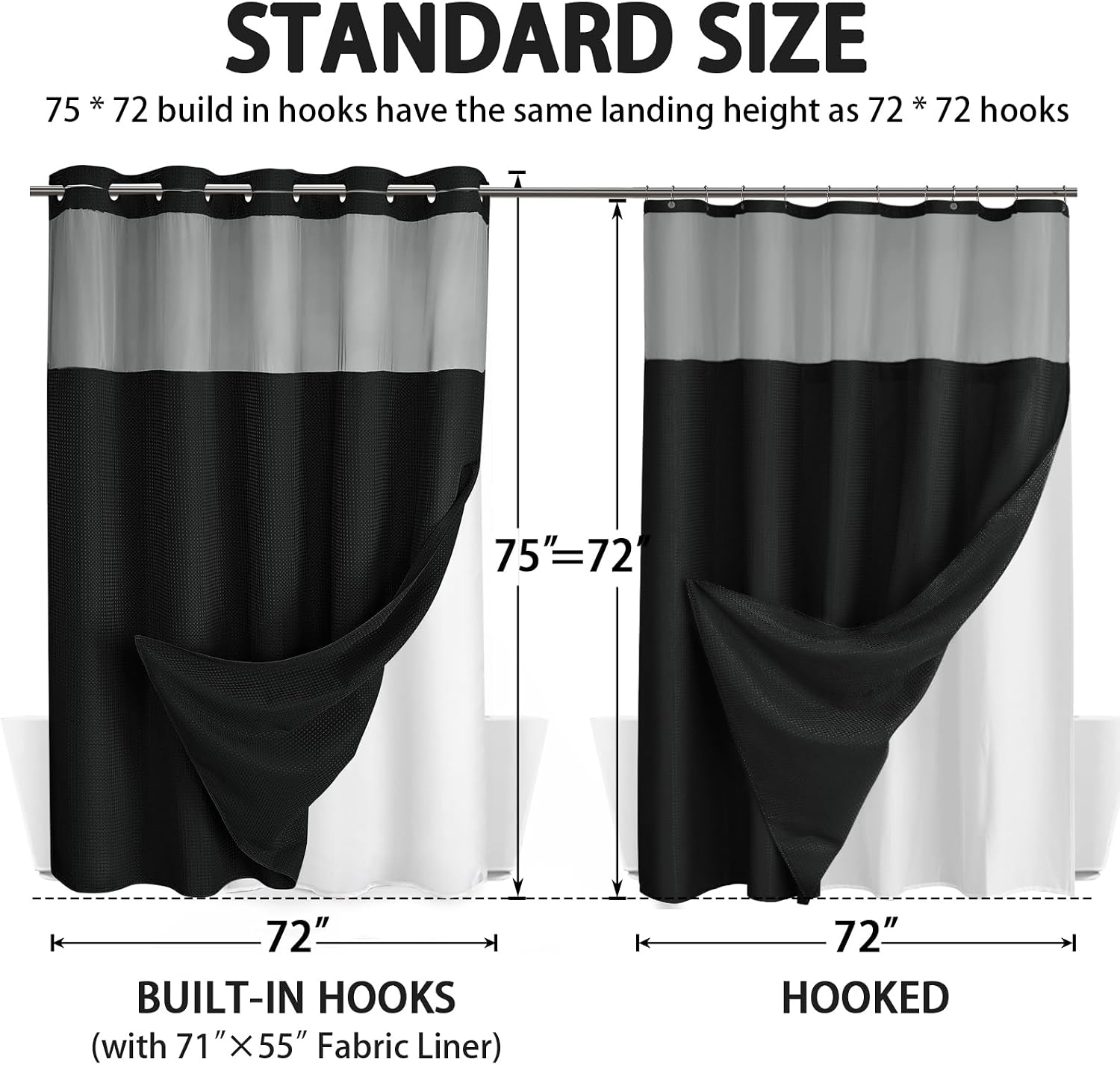 Thumbnail 5 de XOGUIBO No Hook Shower Curtain and Liner Set (Black Waffle, 75" x 72")