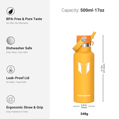Thumbnail 2 de Super Sparrow Insulated Kids Water Bottle 500ml – Stainless Steel with Flip-Top Straw