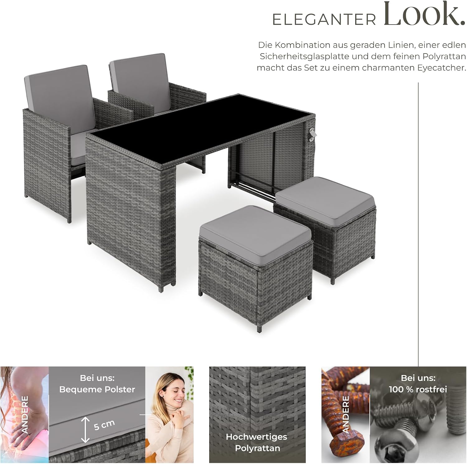 Detalle de tectake Poly Rattan Sitzgruppe 5-teilig (bis zu 4 Personen) mit Tisch, 2 Sesseln & Hocker – grau