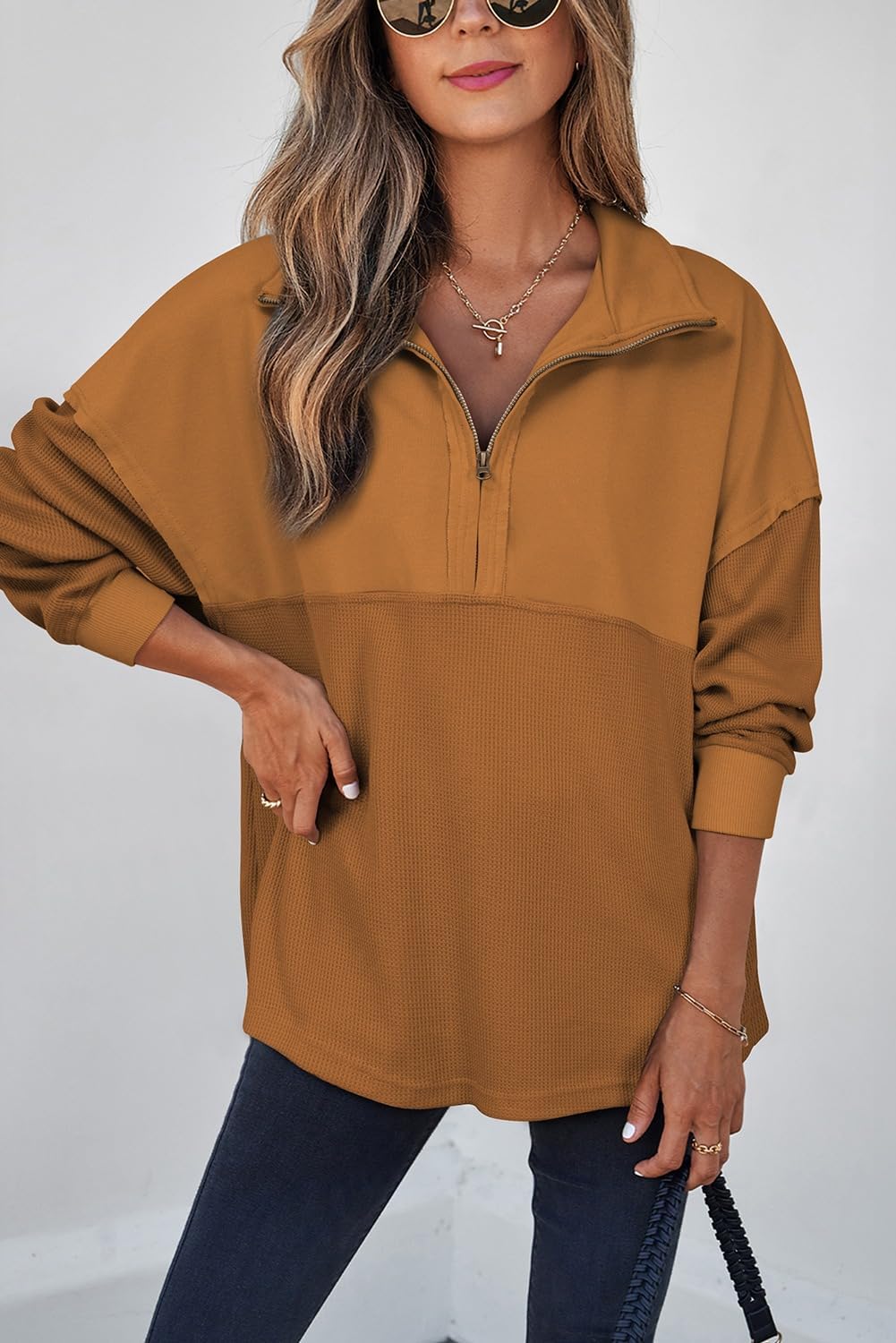 Thumbnail 3 de SHEWIN Women’s Waffle Knit Half-Zip Sweatshirt (Waffle Knit Pullover) for Fall & Winter