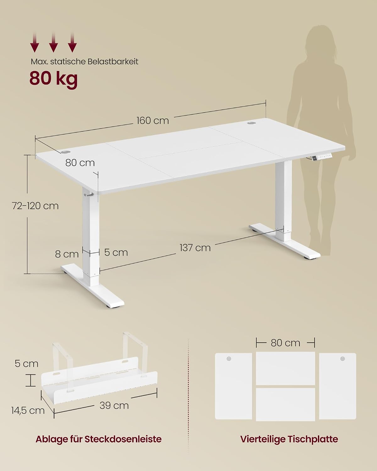 Detalle de VASAGLE LSD146WZ02 höhenverstellbarer Schreibtisch 160×80 cm