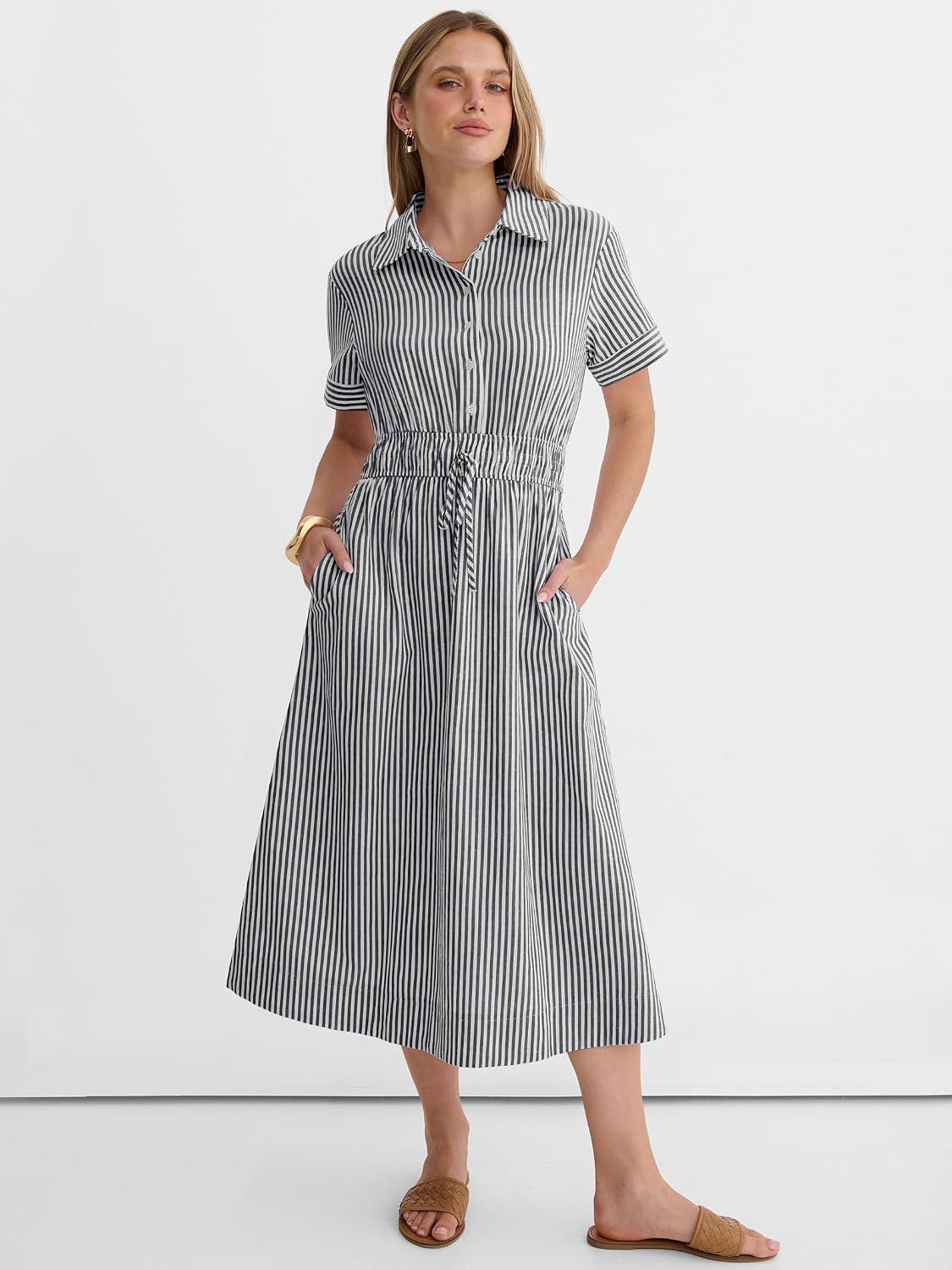 Detalle de ANRABESS Women Summer Short Sleeve Midi Dress: Striped & Gingham, Casual A-Line Shirt Dress