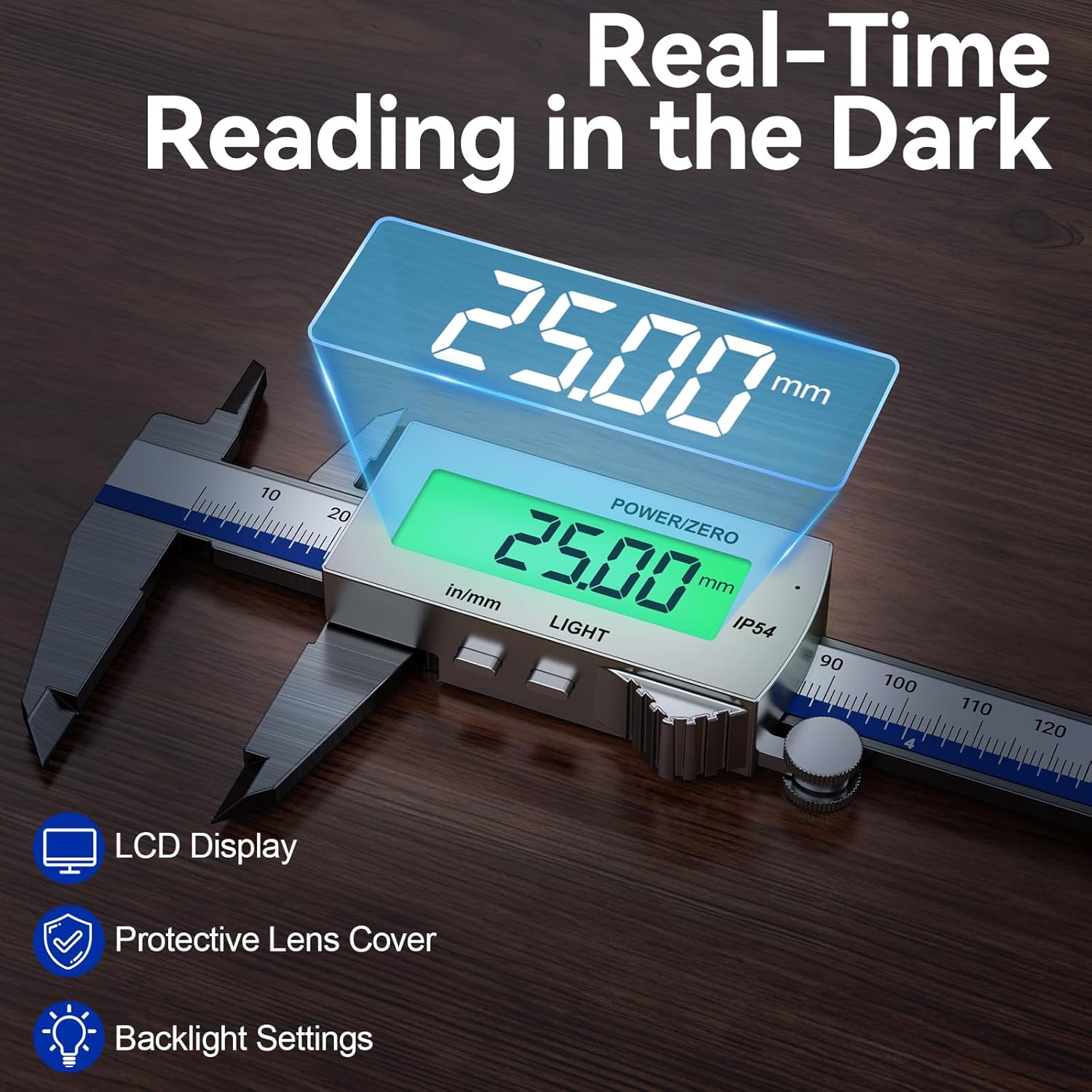Detalle de Pied à coulisse numérique Preciva 150 mm avec rétroéclairage et écran LCD (Rechargeable, IP54) – conversion mm/pouce