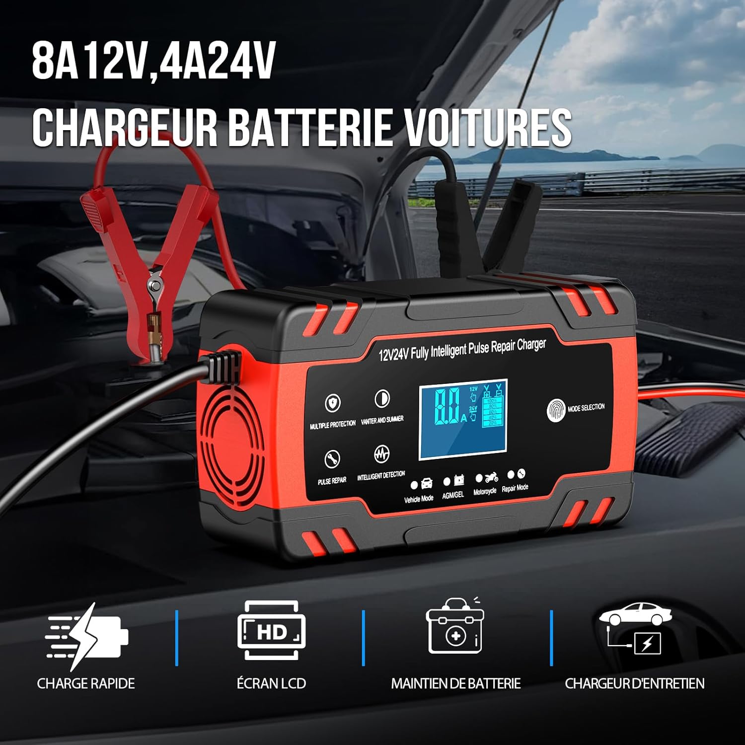 Detalle de Husgw Chargeur Batterie Voitures 12V/24V 8A – Chargeur intelligent avec fonction réparation et écran LCD