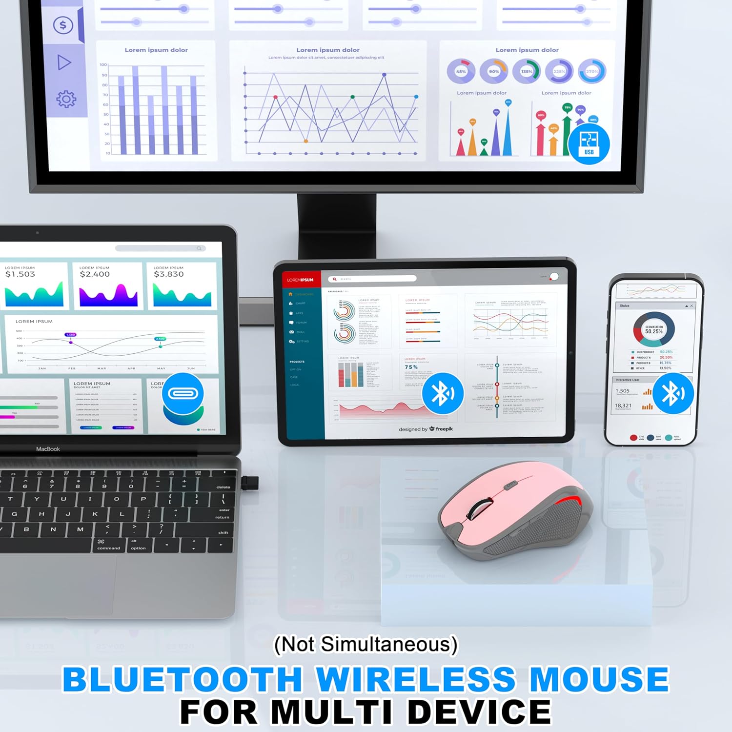 Thumbnail 1 de Azmall Ergonomische Silent-Funkmaus (2,4 GHz & Bluetooth) mit 3 DPI-Stufen und integriertem Mouse Jiggler – Hellrosa