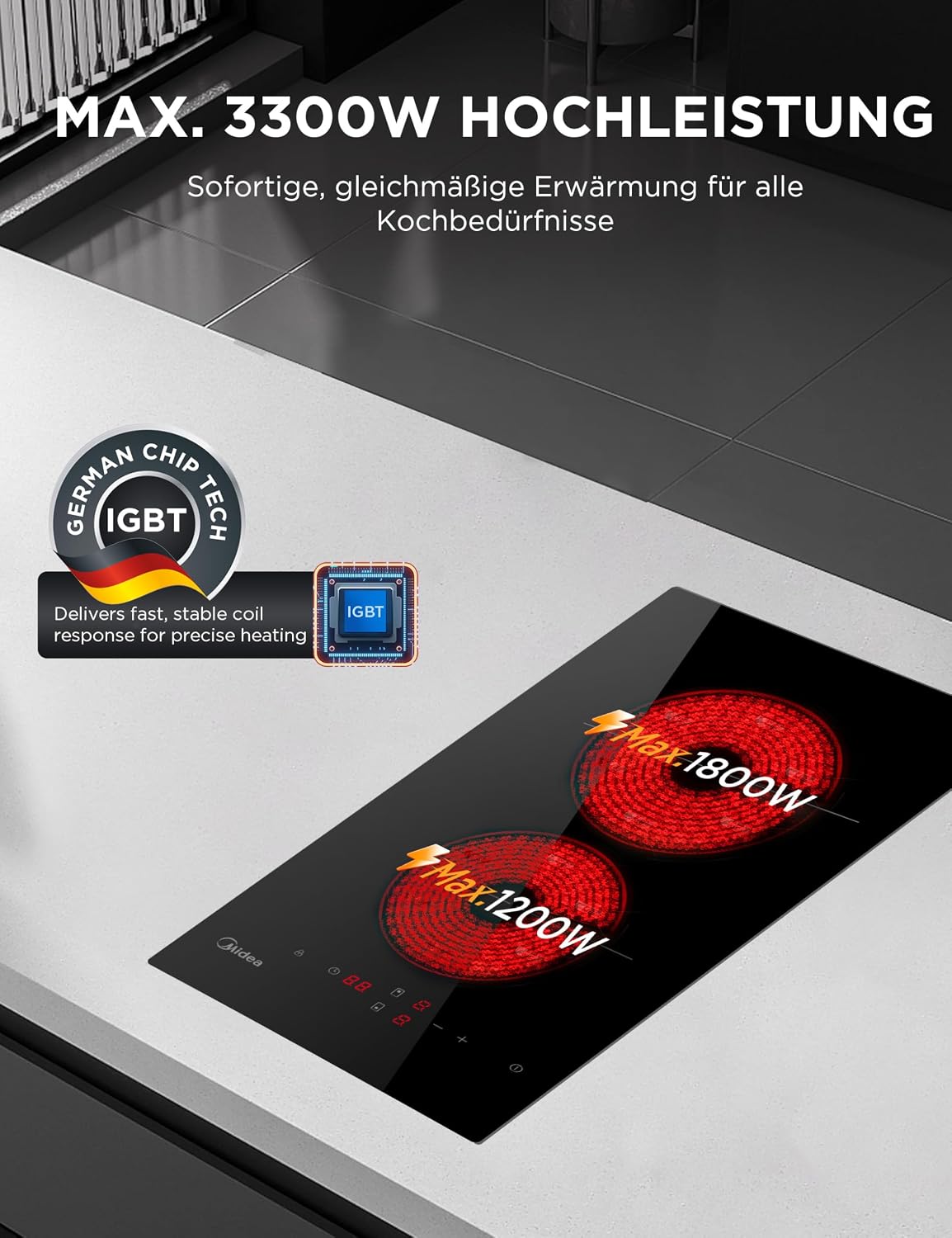 Thumbnail 3 de MIDEA Glaskeramik-Kochfeld mit 2 Kochzonen, Touch-Steuerung und Kindersicherung
