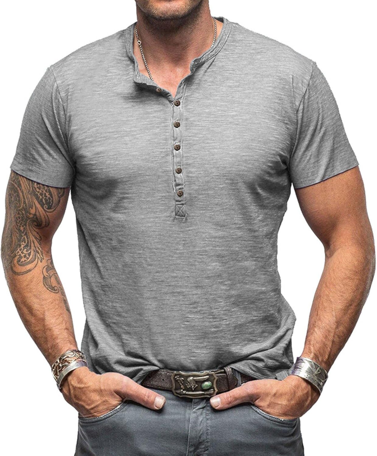 Detalle de Henley Shirt Herren Kurzarm – Vintage Slim Fit mit 8er Knopfleiste
