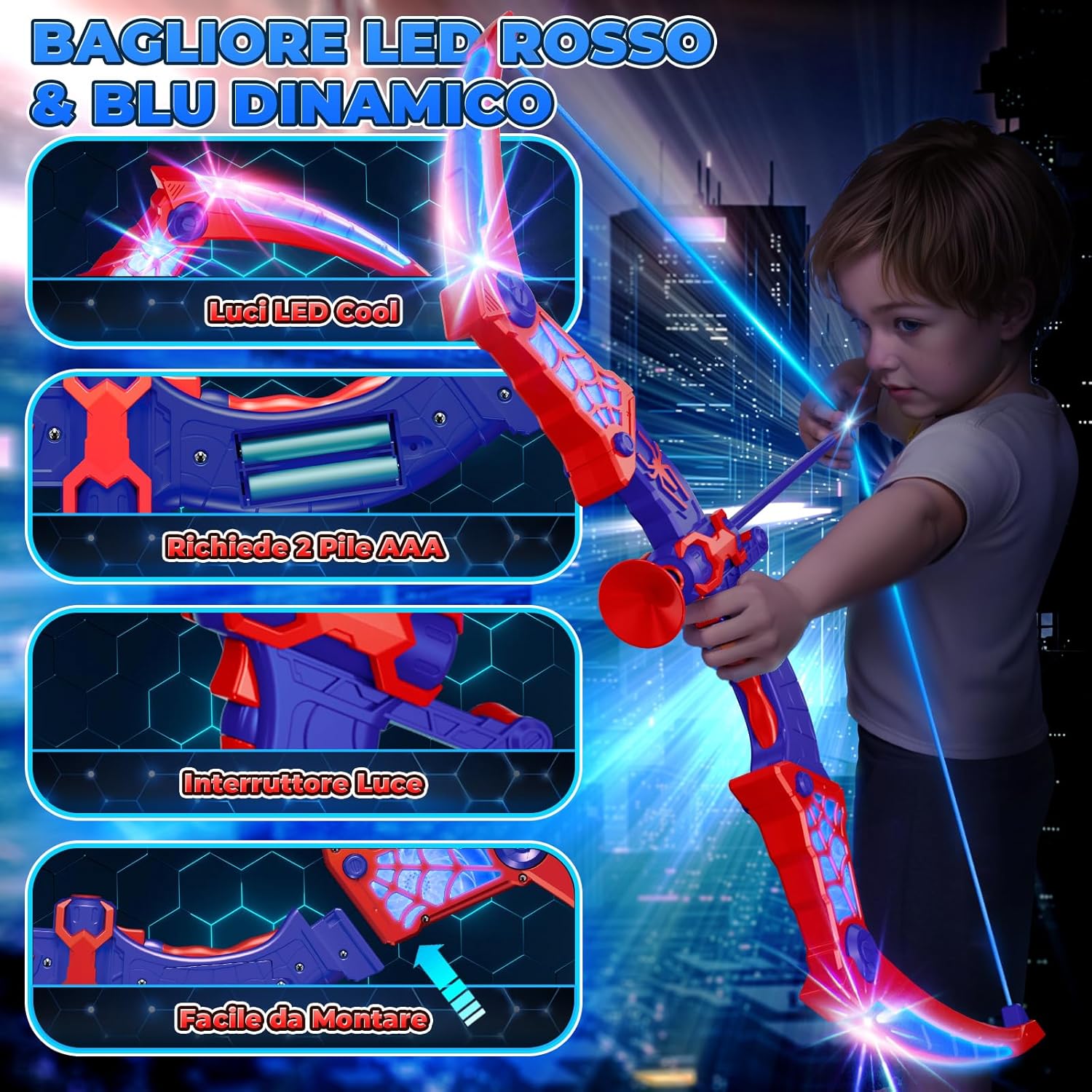 Thumbnail 2 de Set arco e frecce a ventosa con luci LED rosse e blu – Zainetto supercool e bersaglio doppio per bambini 3-12 anni