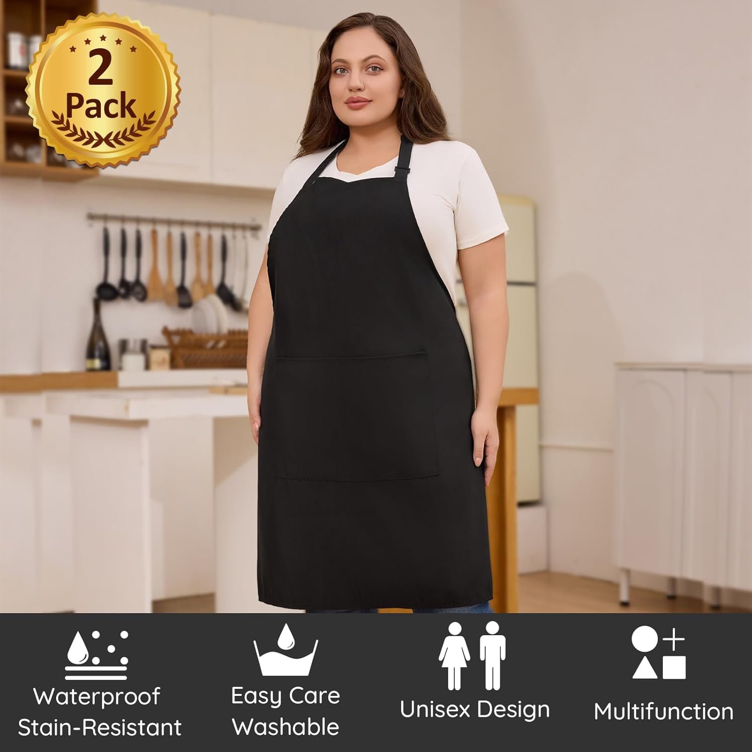 Detalle de FunChaos Plus Size Chef Apron (2 Pcs) – Black, Unisex with 2 Pockets