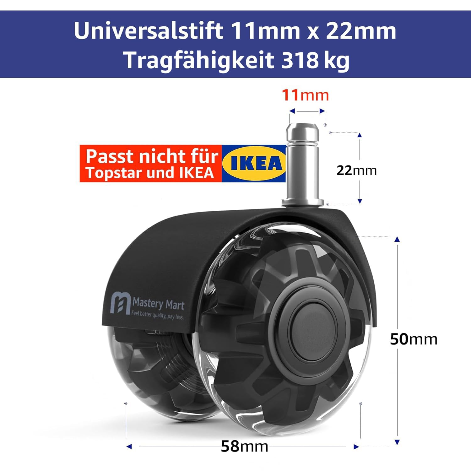 Thumbnail 1 de Mastery Mart Bürostuhl Rollen 11 mm – leise Gummirollen im 5er Set (schwarz) für Hartböden
