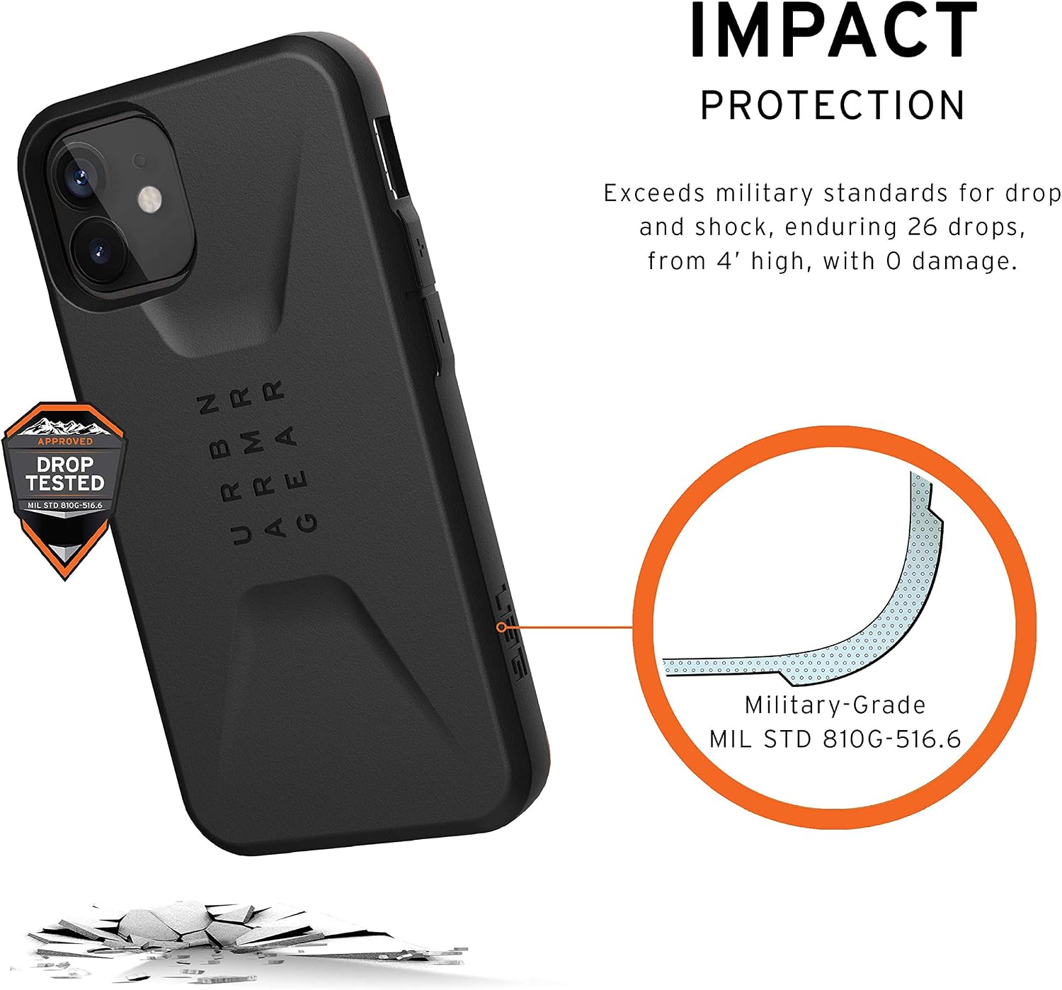 Detalle de URBAN ARMOR GEAR UAG-IPH20SC-BK CIVILIAN iPhone 12 mini用耐衝撃ケース、複層構造・ワイヤレス充電対応