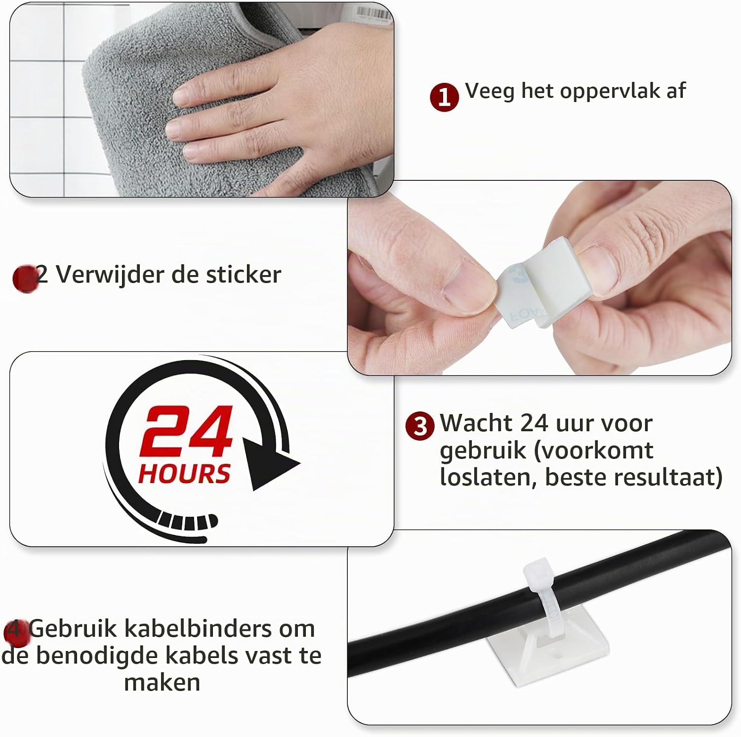 Detalle 2 de Behiruch ZD001 kabelbinderset, wit nylon, 3 lengtes met zelfklevende houders