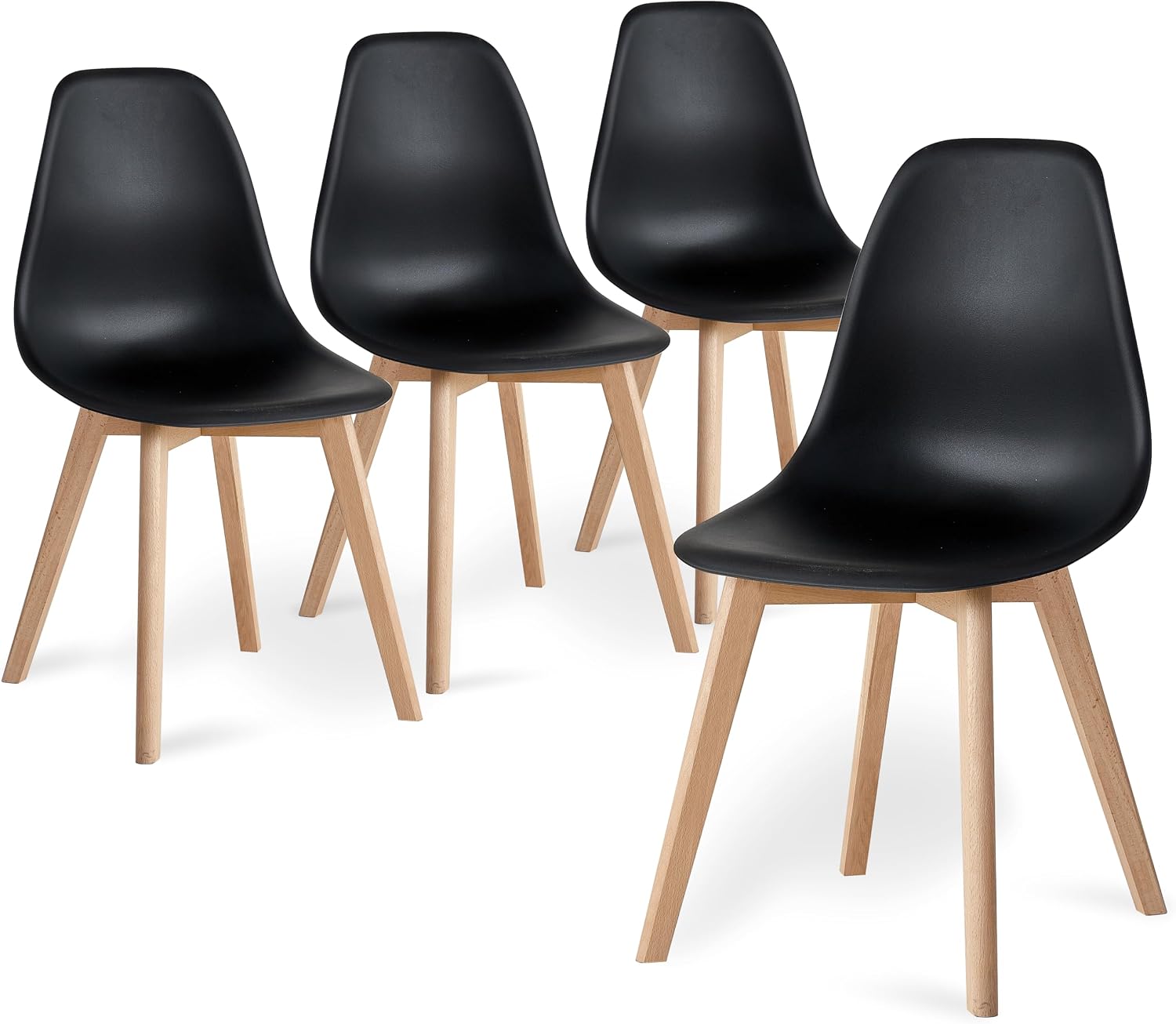 Detalle de BenyLed set van 4 eetkamerstoelen met zwarte PP-zitting en beukenhouten poten