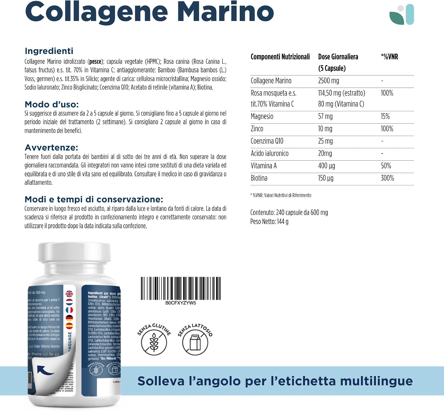 Detalle de Collagene Marino con Acido Ialuronico - Wesalys 240 Capsule: supporto pelle, capelli e articolazioni