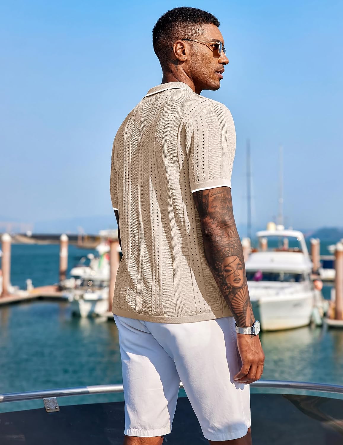 Detalle de COOFANDY Men's Knit Button-Down Shirt, Short Sleeve, Hollow-Knit Design