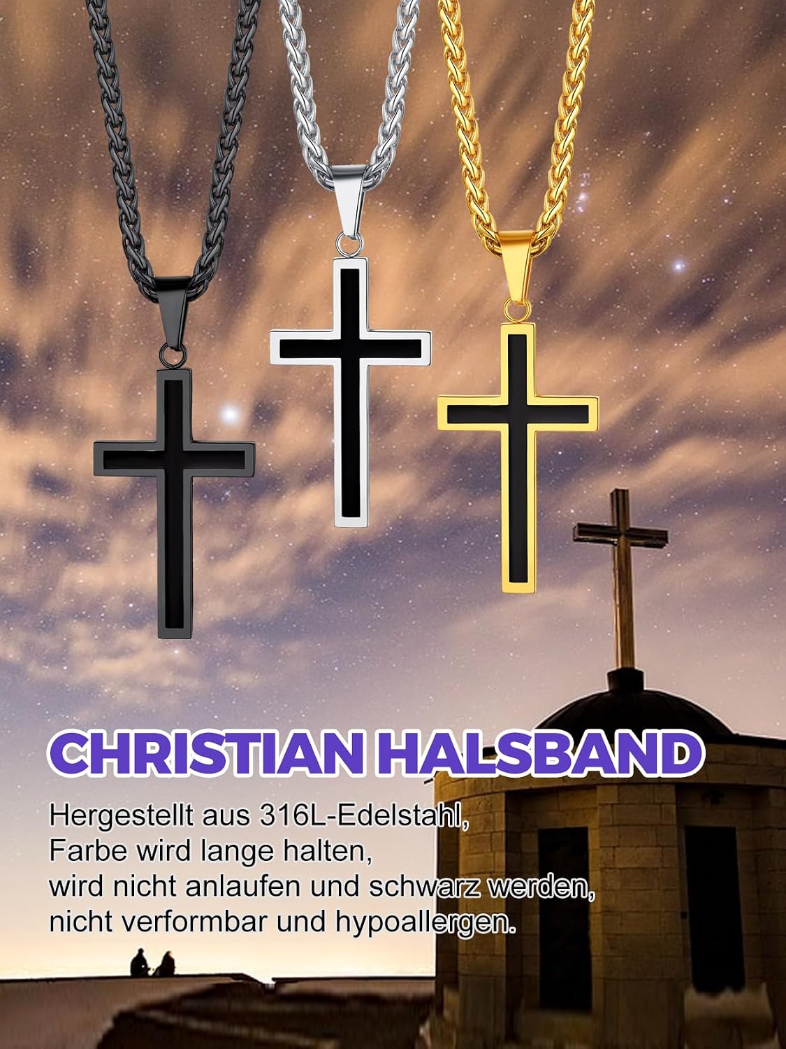 Detalle 2 de Richsteel Kreuz-Kette für Herren – verstellbare Halskette mit Kreuzanhänger, Edelstahl in Silber/Gold/Schwarz
