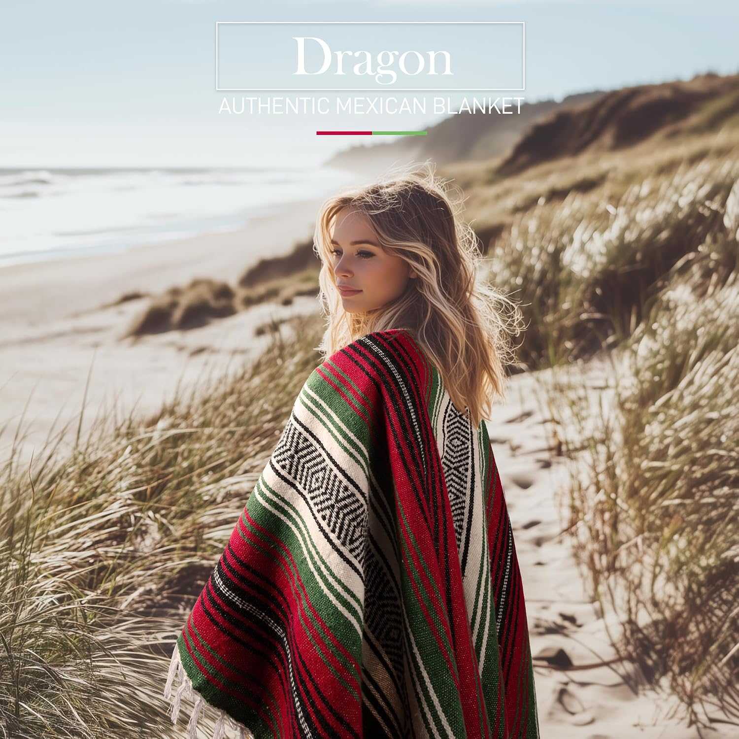 Detalle de Hydration Nation Mexican Blanket 70" x 50" Dragon Throw, Recycled Cotton