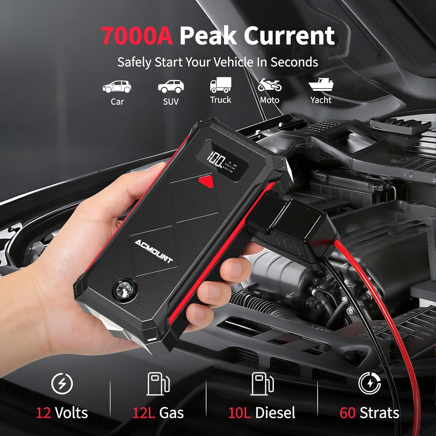 Detalle de Acmount Jump Starter Power Pack 7000A: Portable Car Battery Booster & 23800mAh Power Bank