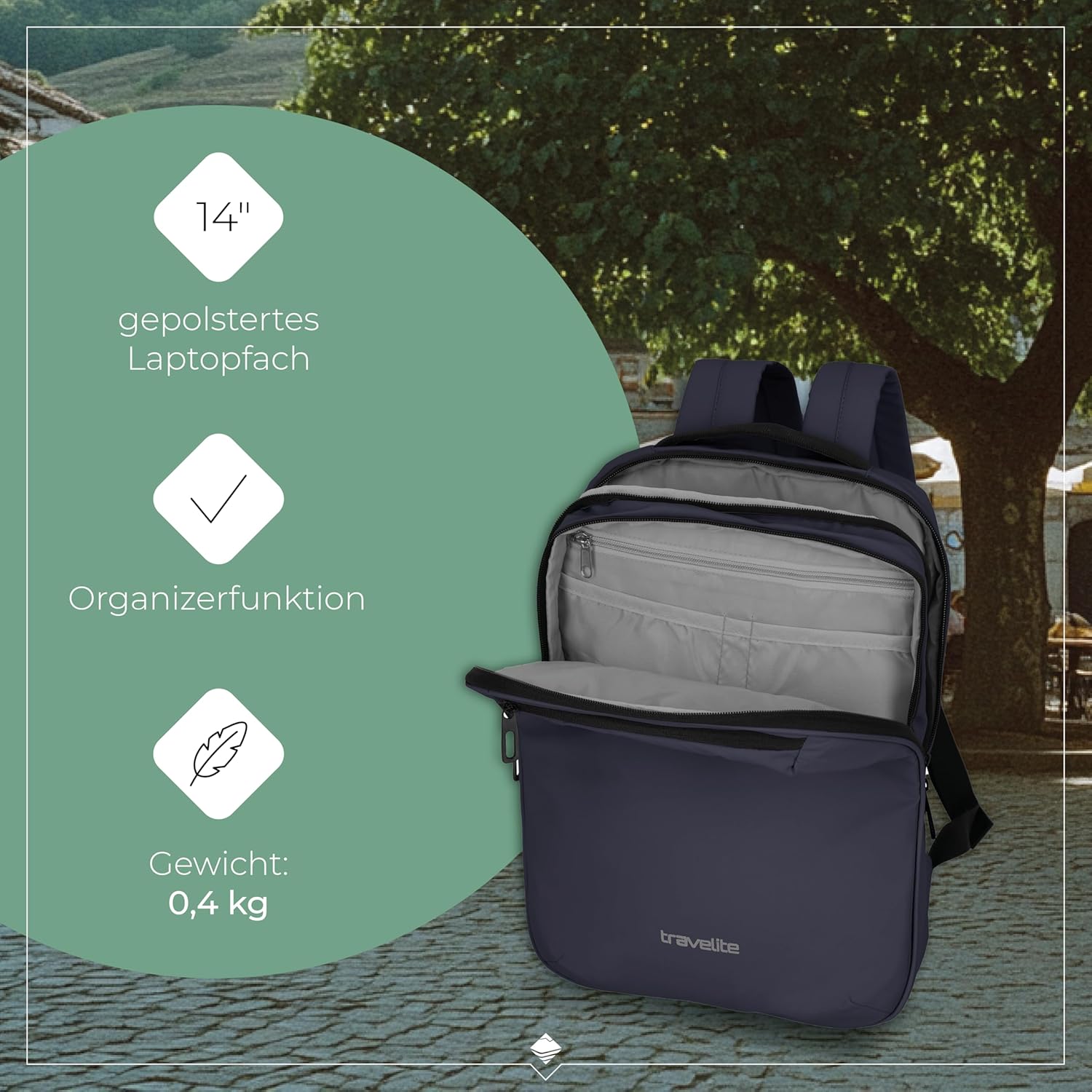 Detalle de Travelite Handgepäck Rucksack – 12 L, 40 cm, Laptopfach 13 Zoll, wasserabweisend mit Trolley Sleeve