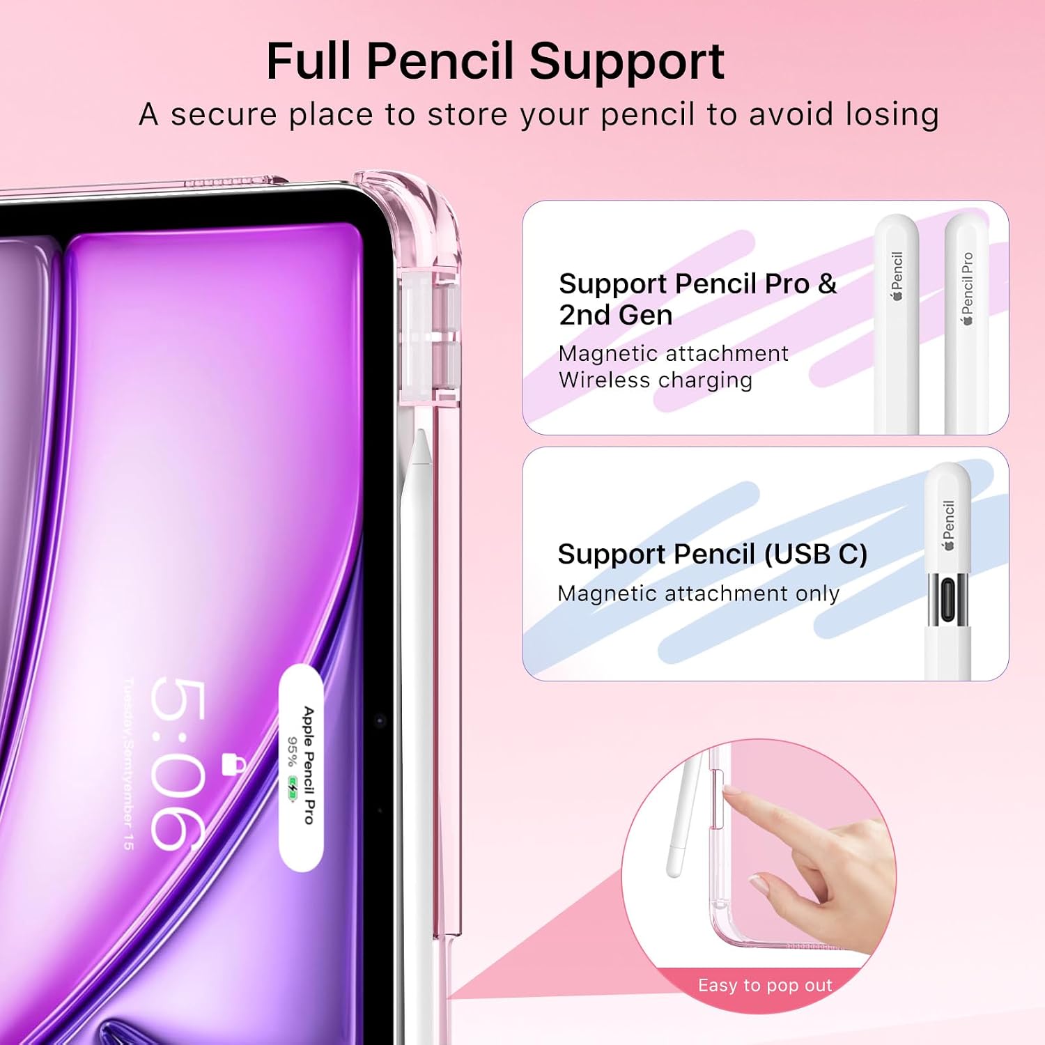 Detalle de MoKo iPad Air 11-inch Case (M4/M3/M2) with Pencil Holder — Slim Trifold, Translucent Back, Pink